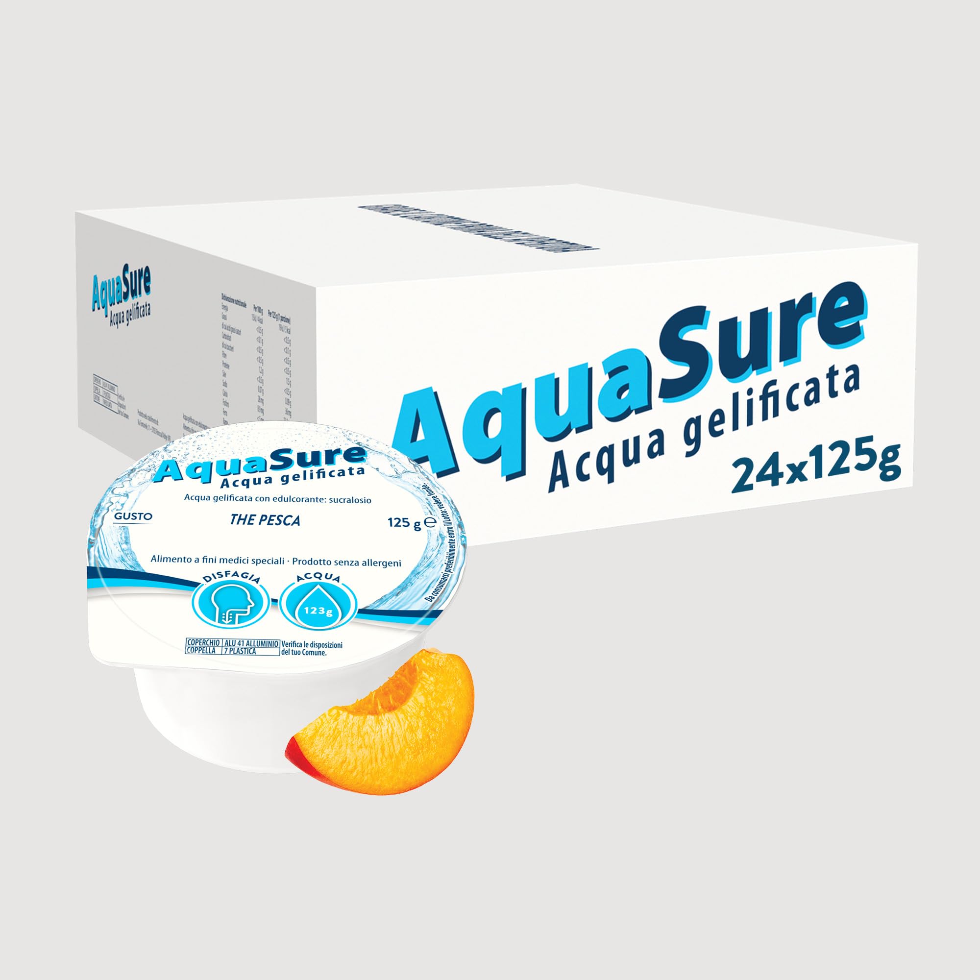 Abbott Nutrition | AquaSure 24 Confezioni x125 g | Acqua Gelificata per il trattamento dietetico di soggetti affetti da disfagia e problemi della deglutizione | gusto Pesca