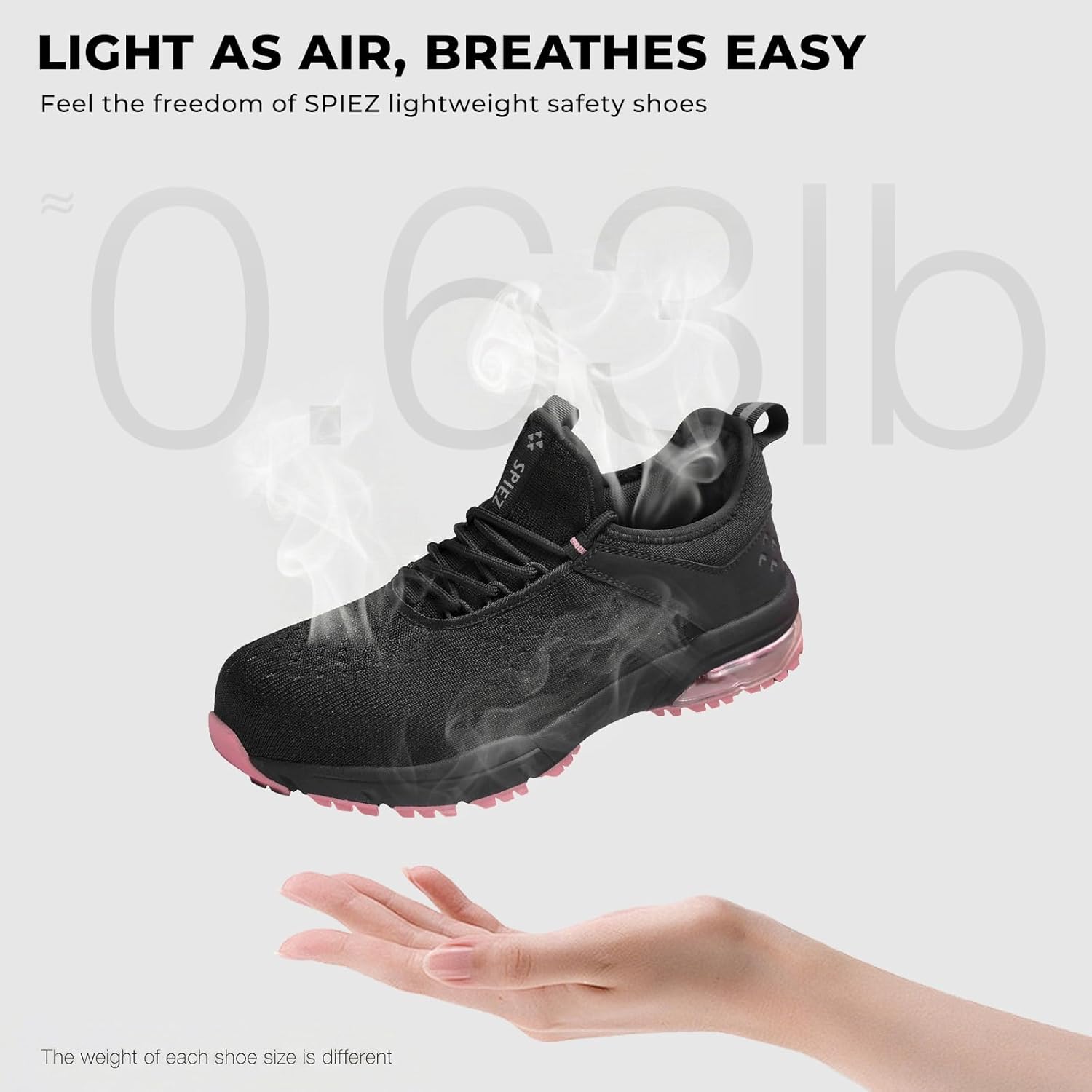 SPIEZ Women's Safety Shoes Lightweight - Air Cushioned Non-Steel Composite Toes, Puncture Proof, Fashion Slip on Work Shoes for Construction, Warehouse, Black Pink, Size 6-9.5 - Image 6