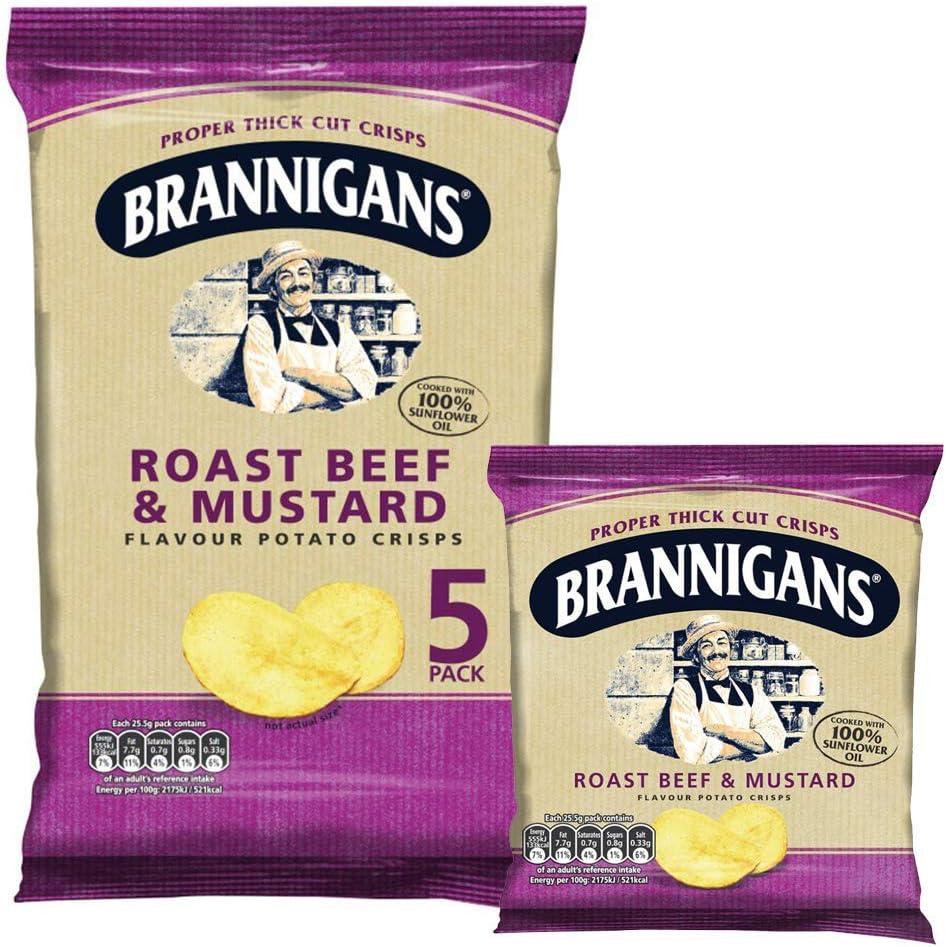 Brannigans Thick Cut Multipack Crisps, Flavoured Potato Crisps, 20 x 5 x 25.5g Bags – Roast Beef & Mustard