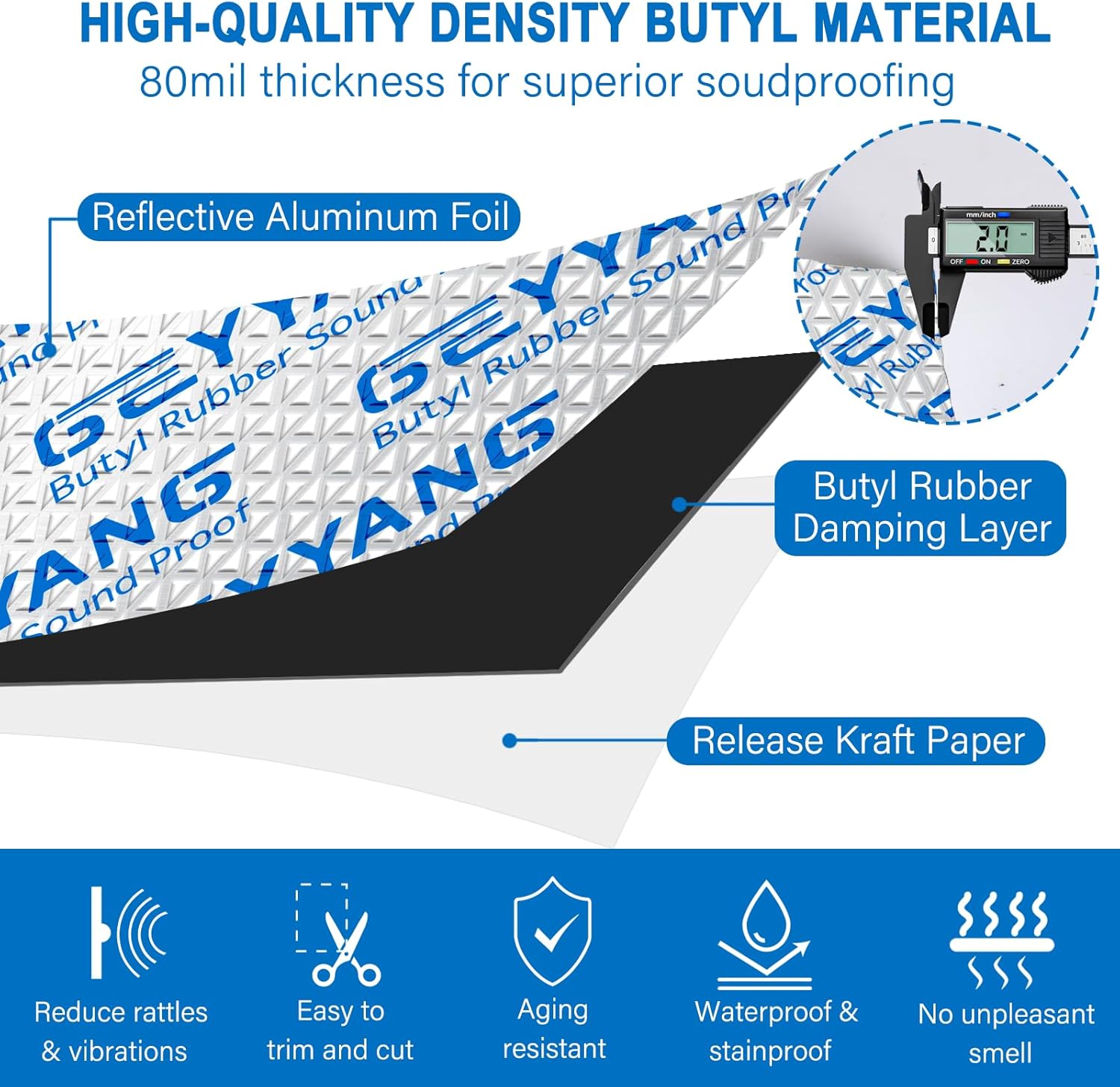GEYYANG Car Sound Deadening Mat, 80 mil 36 sqft Sound Deading Material for Cars, Butyl Automotive Sound Deadener, Noise Insulation and Vibration Dampening Material (33 pcs)