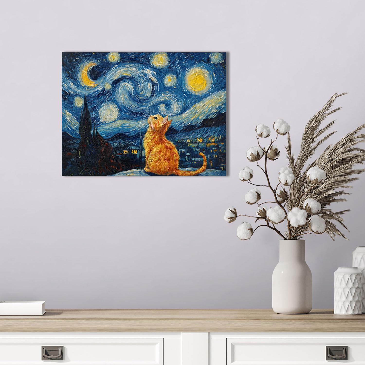 Ypxzzj Van Gogh Starry Night With Cat Canvas Wall Art,Night Starry Prints Pictures Paintings Wall Decor, Animal Cat Artworks for Bedroom Living Room Wall Decor Framed Ready to Hang