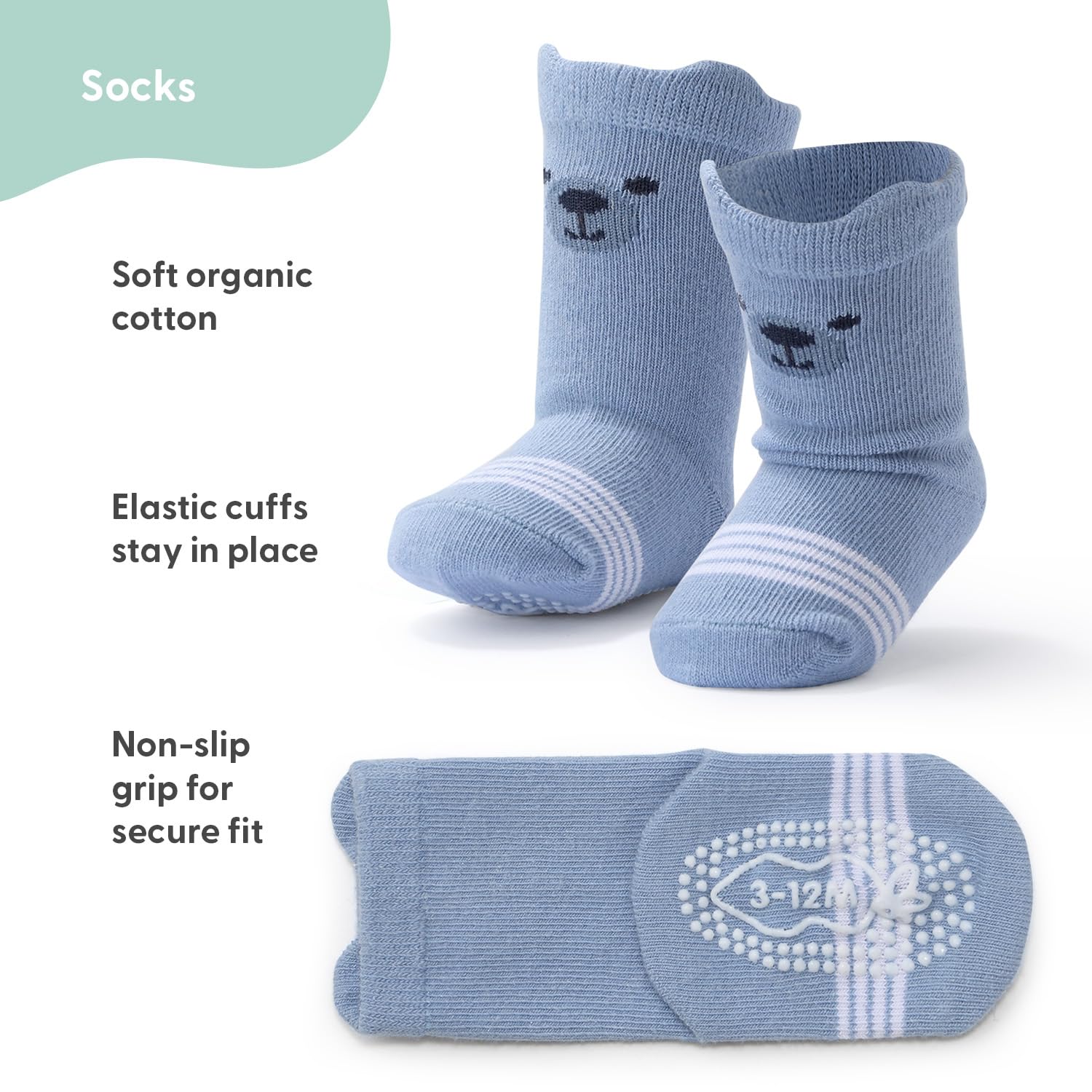 The Peanutshell Organic Baby Boy Socks for 3-12, 12-24 Months - Non-Slip Grip, Soft and Breathable 100% Cotton Baby Crew Socks - All Day Comfortable Design - Blue, Gray