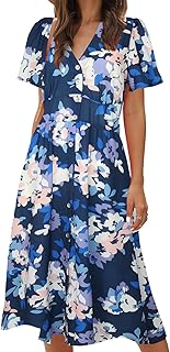 Women's Floral Button Up Split Dress Deep V Short Bell Sleeve Casual Mid...
