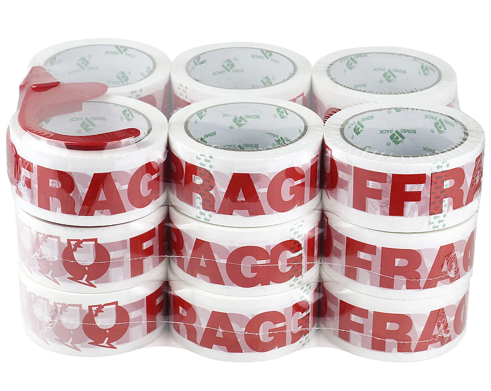 BOMEI PACK 18 Rouleaux Ruban Adhésif Fragile 48 mm x 66 m avec dévidoir pour colis et boîtes, Ruban adhésif emballage fragile