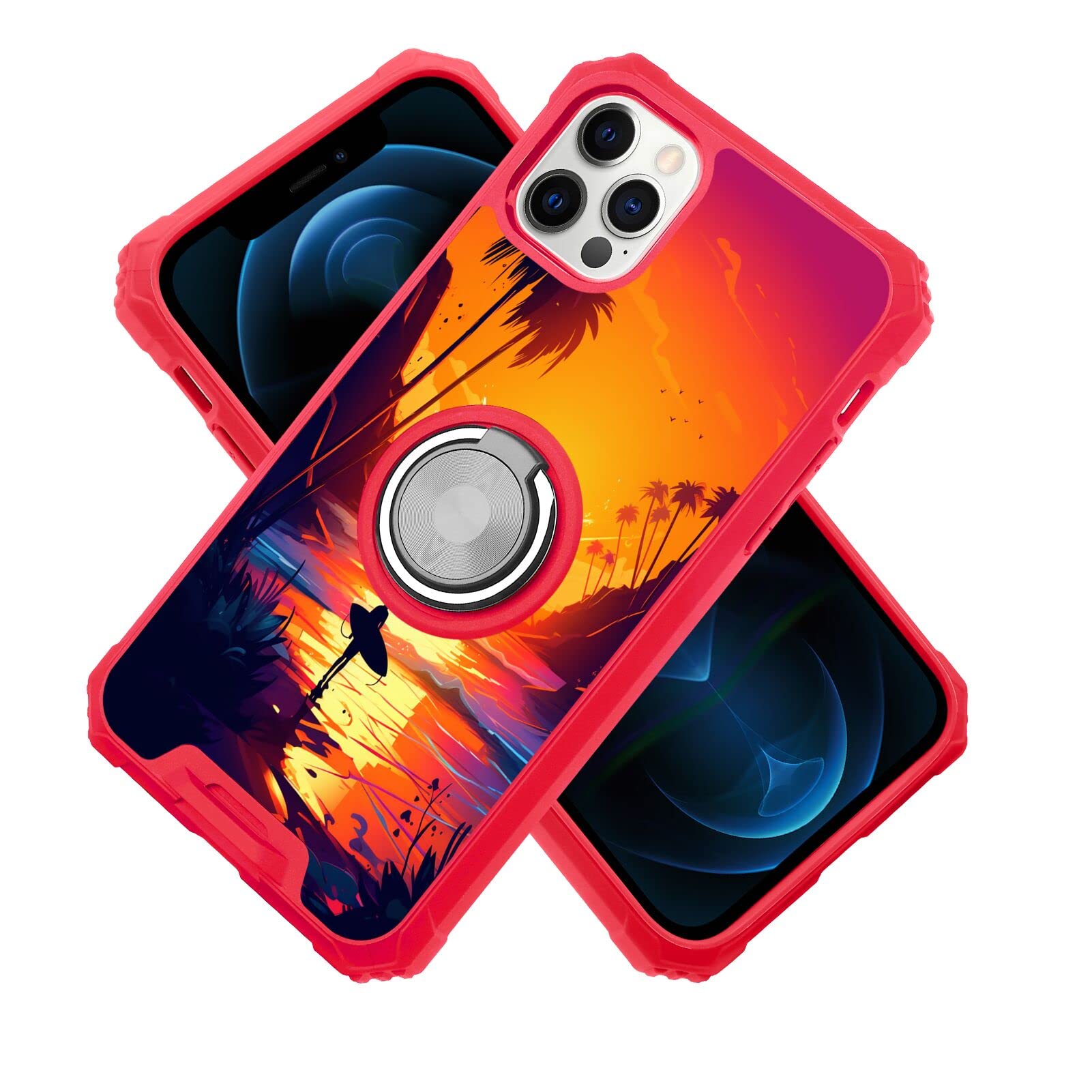 DeweiDirect Phone Case for iPhone 12 Pro Max Design Designer Surfing Art-151 Pattern with 360 Metal Ring Kickstand Shock Smartphone Armor Case with Stand-1