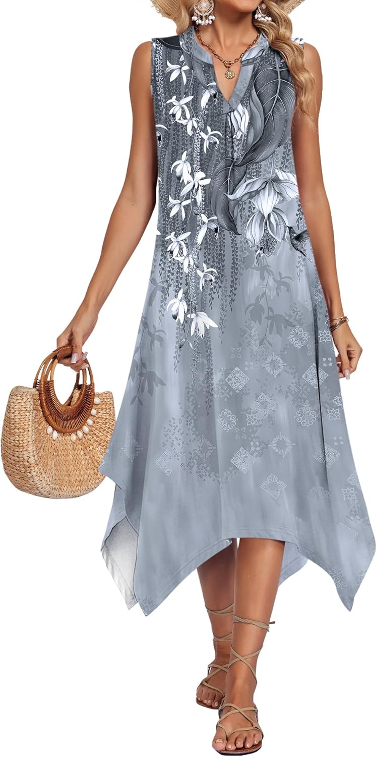 AUSELILY Summer Dresses for Women 2026 Casual Sleeveless Sundress Asymmetrical Hem Tank Midi Dress with Pockets - Image 2