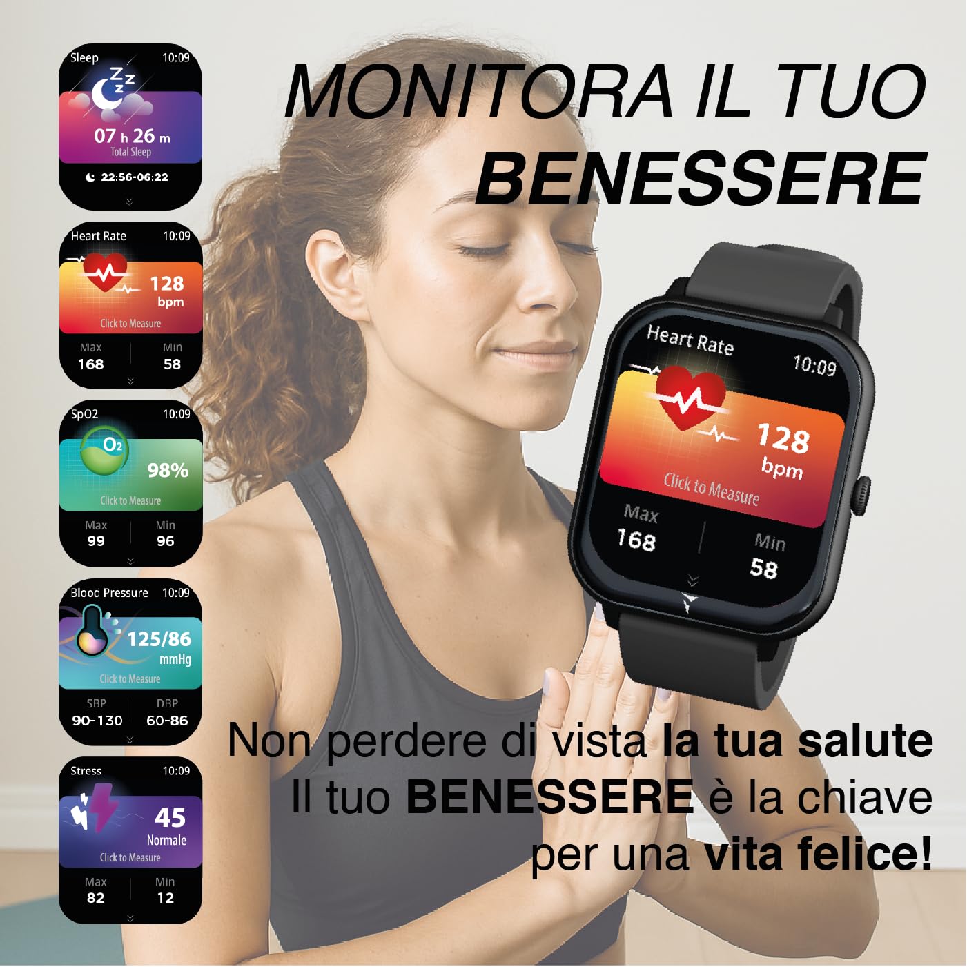 TECHMADE Smartwatch Glow, orologio digitale con pochetta incluso, schermo rettangolare full touch, chiamate, notifiche, funzione SOS, sport, compatibile con IOS e android (NERO)
