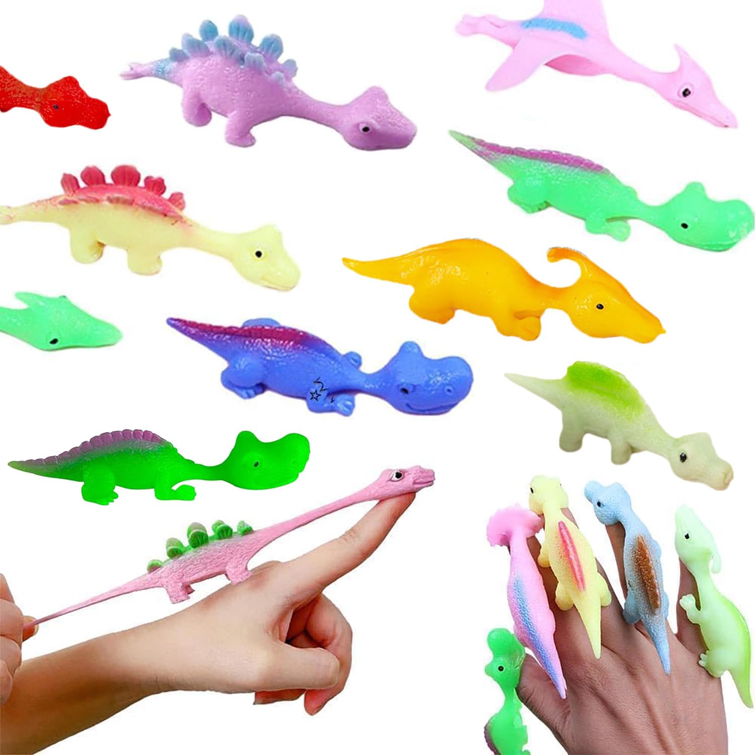 12 PCS Slingshot Dinosaur Finger Toys - Rubber Flying Dinosaur Finger Slingshot Toys - Animal Catapult Toy Set with Funny Flicking Chicken - Ideal Kids Party Favors Random Colors (12PCS)