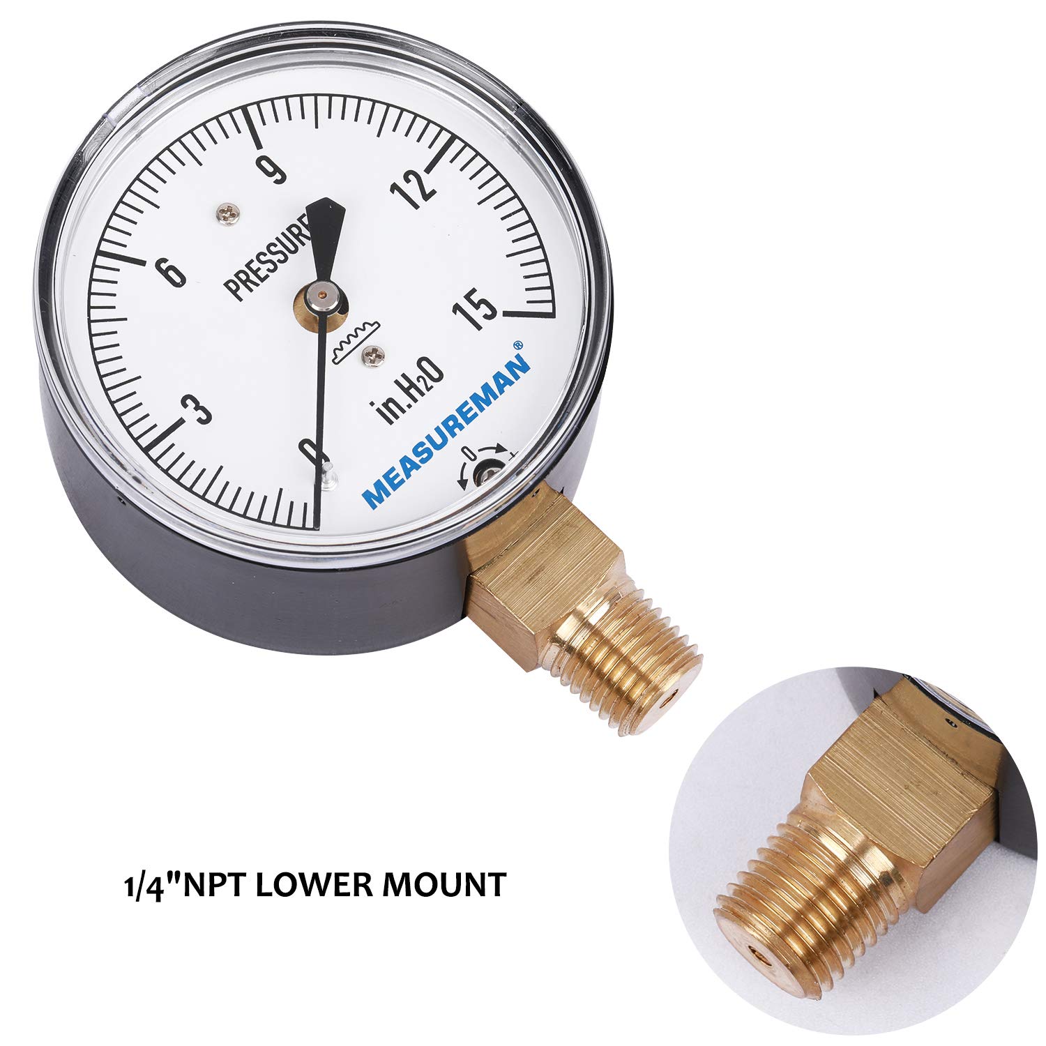 Medidor de presión de cápsula de tipo diafragma de Measureman, esfera de 2-1/2 pulgadas, montaje inferior 1/4 pulgadas NPT, ajustable, 0-15 pulgadas H2O (pulgadas de agua)