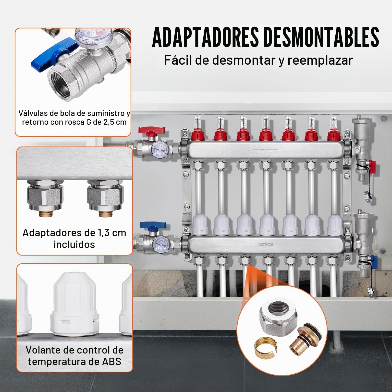 VEVOR Colector de Calor radiante de 7 Derivaciones, Colector de Tubería PEX de Acero Inoxidable SUS304 para Calefacción por Suelo Radiante Hidrónico, con Adaptadores, 540 x 370 x 110 mm, 0-5 L/min