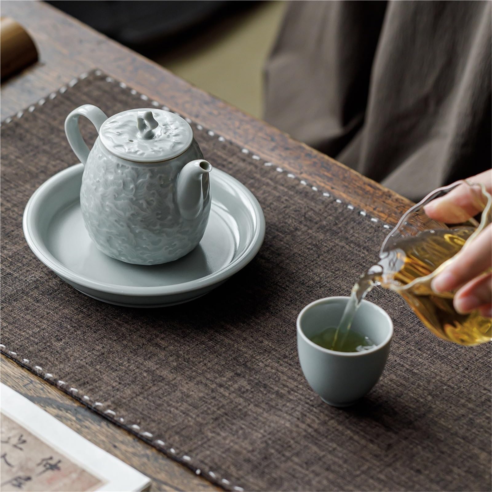 Theiere Théière en céramique bleu ciel Ru Kiln Relief avec filtre, infuseur à thé, théière en porcelaine