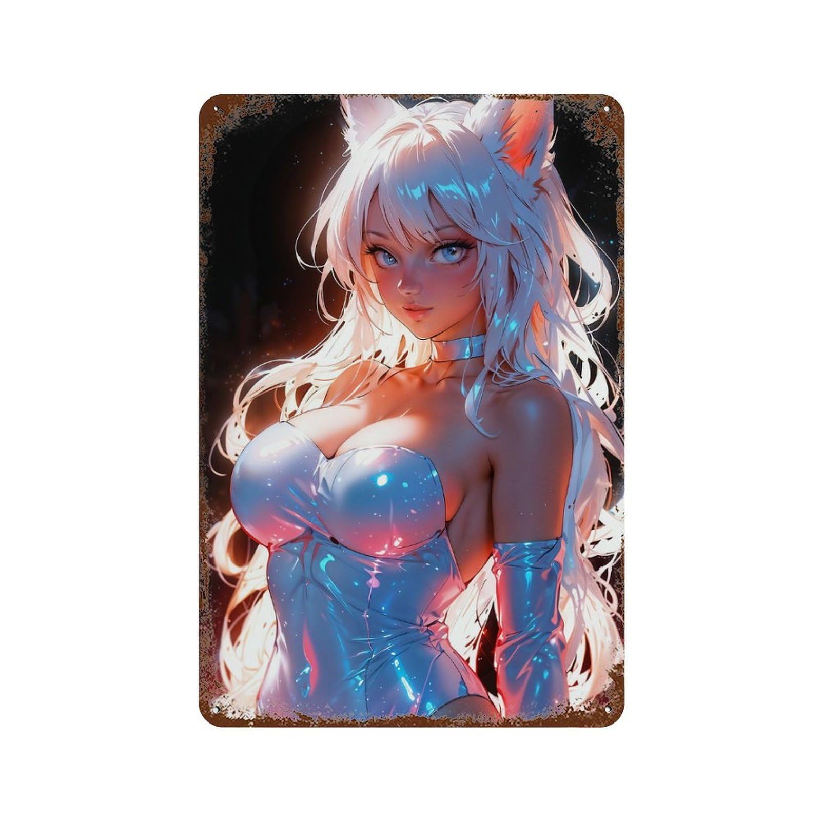 Art Fox Anime Girl Vintage Rust Metal Sign 11.8"x7.9", Shabby Chic Decor for Living Room, Hallway And Home Decor