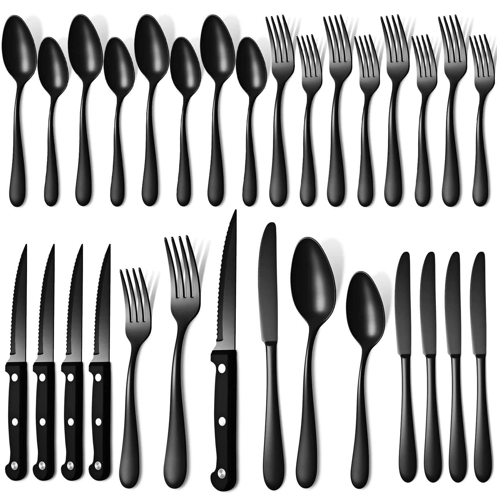 Moretoes 24-Piece Black Silverware Set, Set with Steak Knives for 4, Stainless Steel Cutlery Set, Include Knife Fork Spoon Set