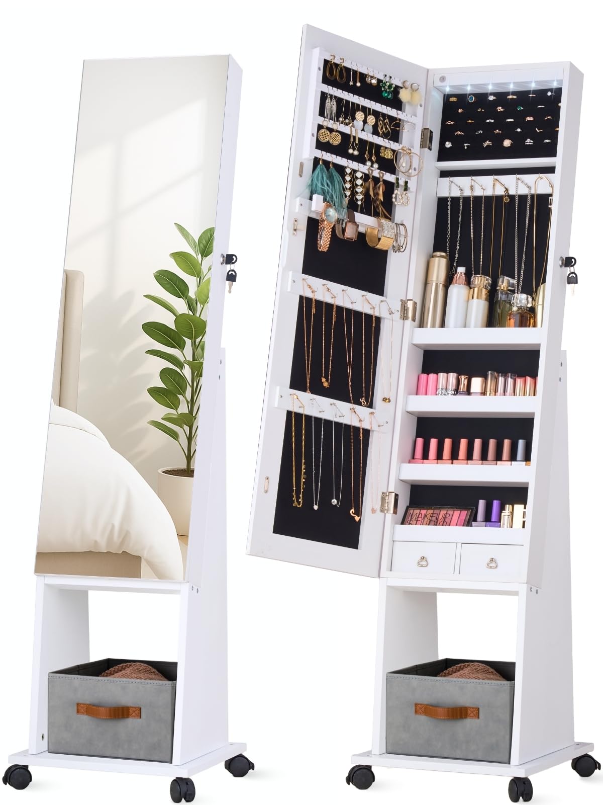 LUXFURNI Rotating Jewelry Armoire with Mirror, full Length Mirror with Jewelry Storage, 57" standing Mirror Jewelry Cabinet with 4 Wheels,Jewelry Organizer Mirror