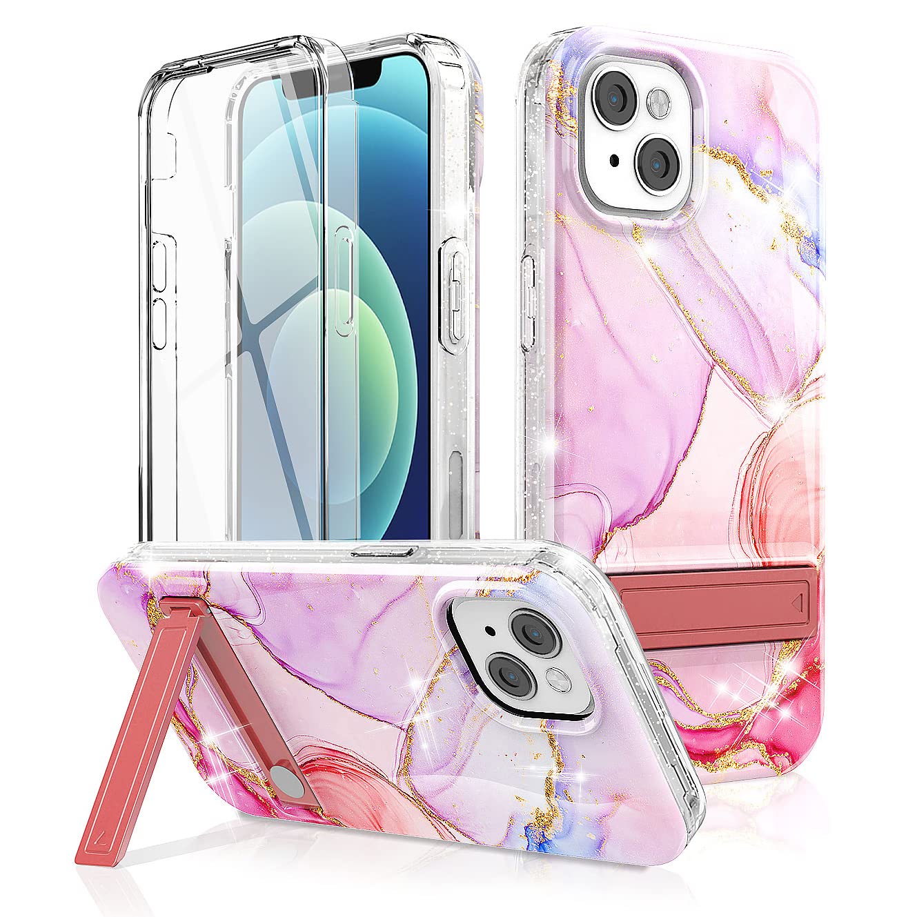 for iPhone 13 Case with Stand, Marble Stylish with Adjustable Metal Stand Built-in Screen Protector, Kickstand Full Body Shockproof Protective for Women Girls (Pink/Gold Glitter)