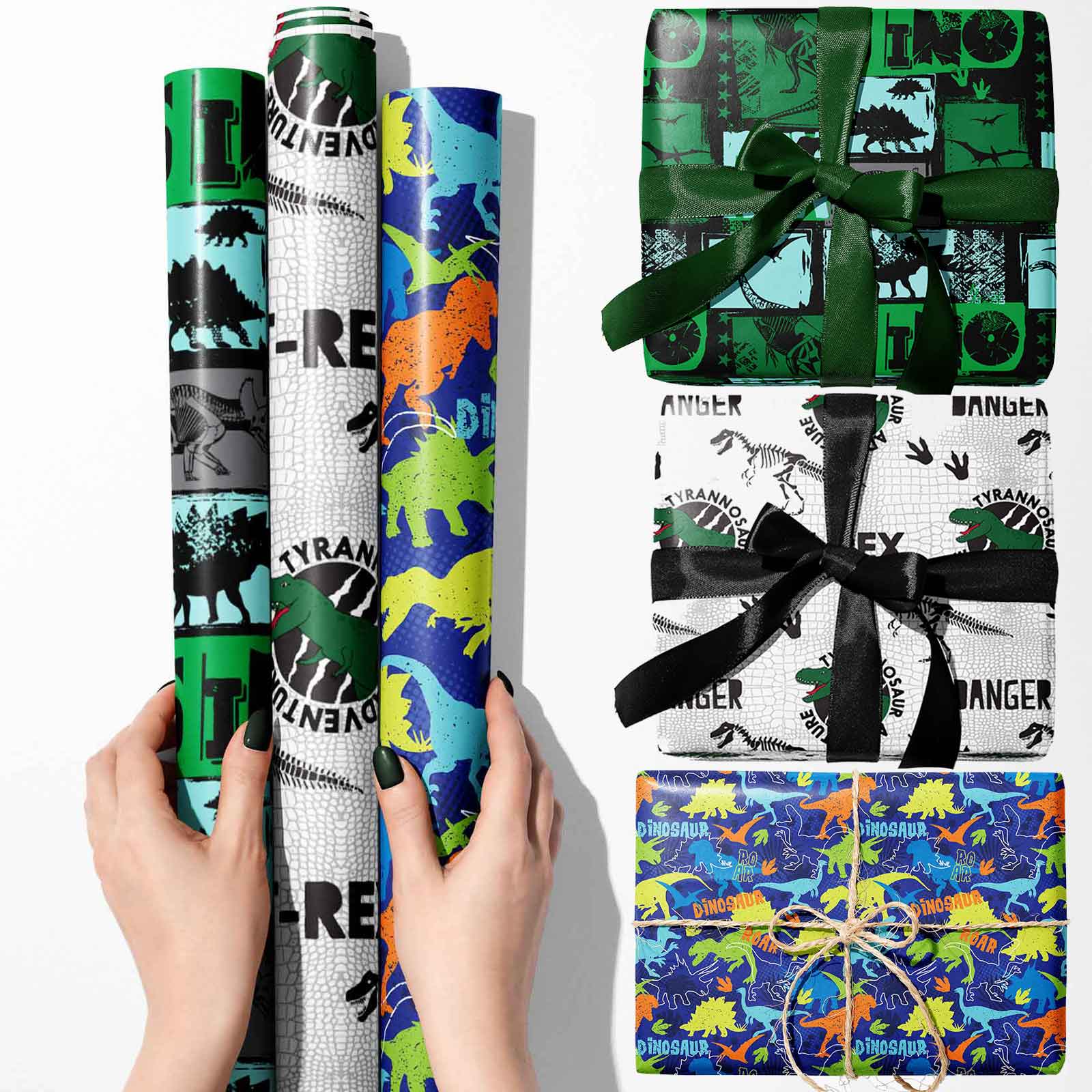 3 Rollen Dinosaurier Geschenkpapier Rollen,Dino Geschenkpapier Verpackungspapier für Geburtstag Kinder Happy Birthday Party-(43x300cm pro Rolle)