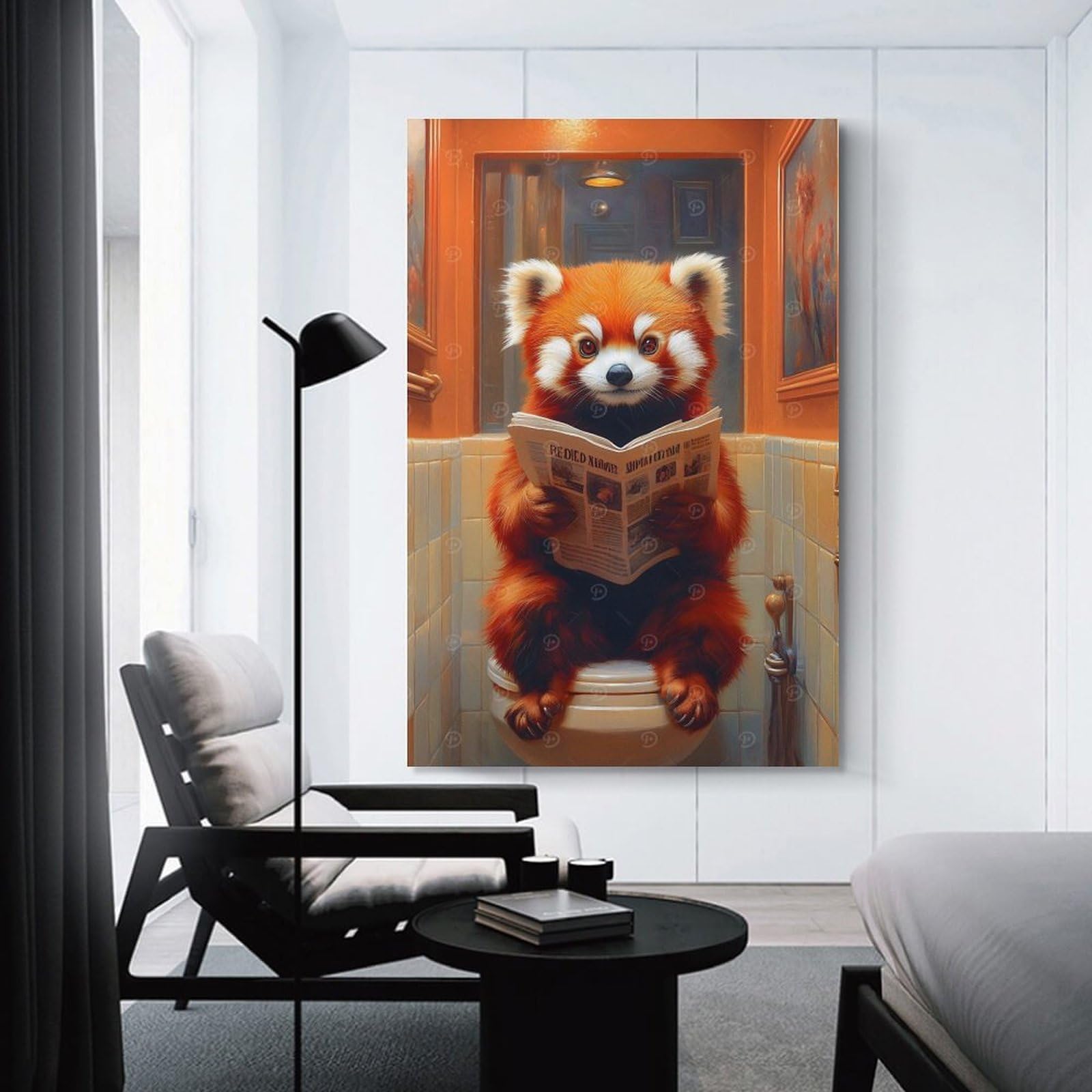 Junmoney Unframe-Style-5-1 Red Panda Reading Newspaper Toilet Canvas Wall Decor 12X18inch(30X45cm), For Study, Office Or Focused Interiors, Wall Art That Adds Style To Work Areas