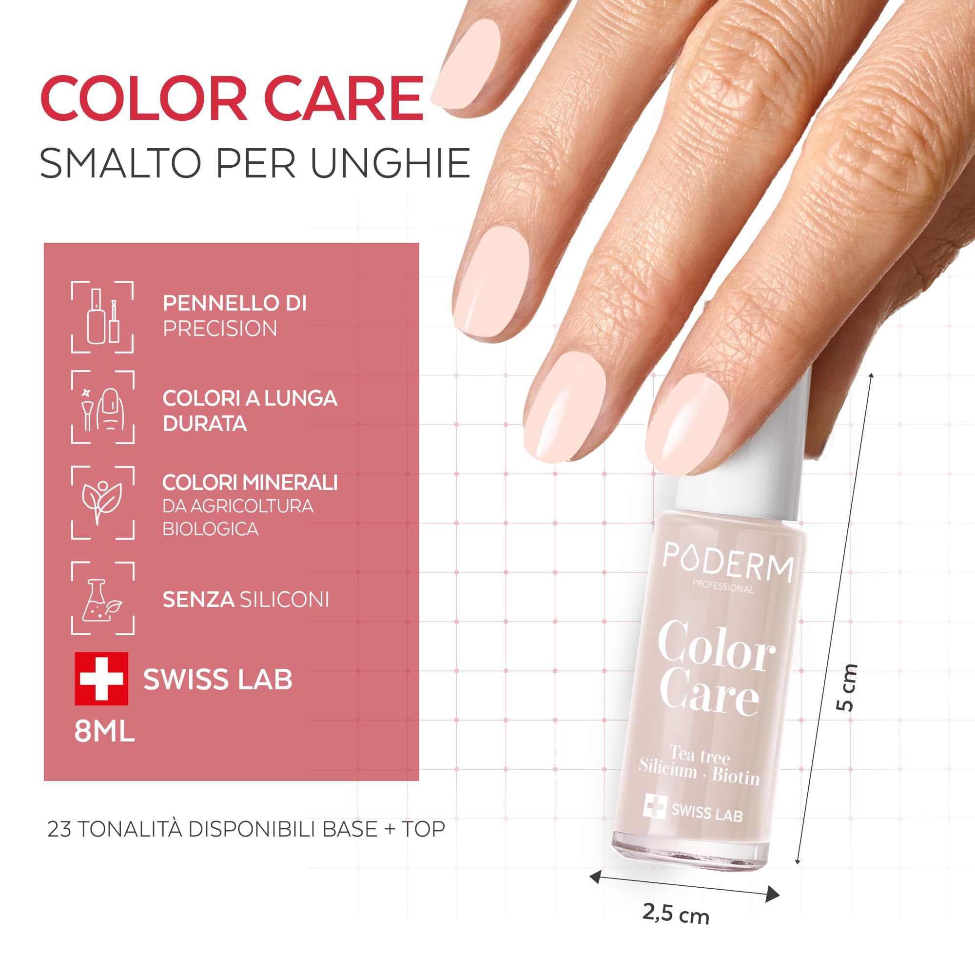 PODERM Smalto Cura per Unghie con Tea Tree - Rosa Cipria | Swiss Lab - 8ML | Arricchito con Tea Tree, Silicio & Biotina | Purifica, Schiarisce & Nutre le Unghie Gialle | Creato da una Podologa