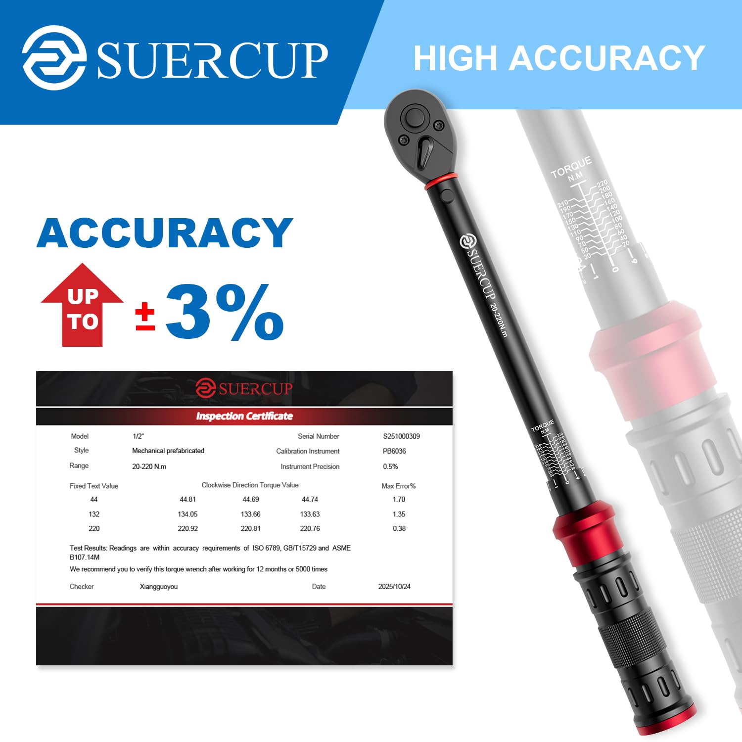 SUERCUP 6-częściowy zestaw kluczy dynamometrycznych 1/2 cala 20-220 NM, dokładność błędu ±3%, z nasadkami nasadowymi (17/19/21/23 mm), drążek przedłużający 75 mm, do roweru, motocykla, samochodu i