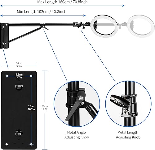 Miniatura 5 de Selens Brazo triangular para montaje en pared, longitud máxima 5.9 pies70.9 in, soporte de pared para cámara de rotación flexible de 180 para