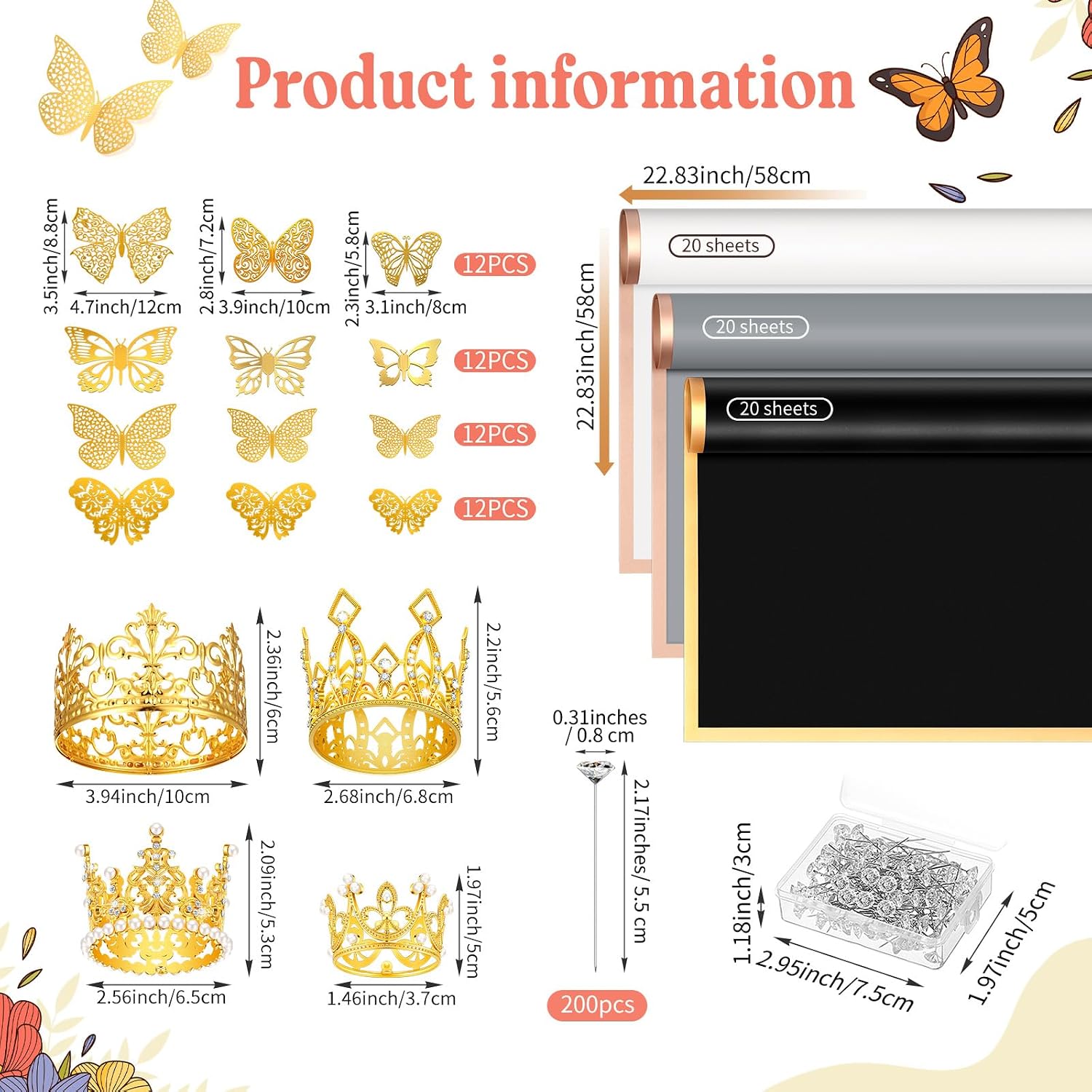 Estune 195 Pcs Flower Bouquet Accessories, 60 Floral Wrapping Paper 4 Gold Crowns 48 Butterfly Decorations 200 Flower Pins for Mother's Day Birthday Wedding Gift Florist Supplies(Neutral Color)