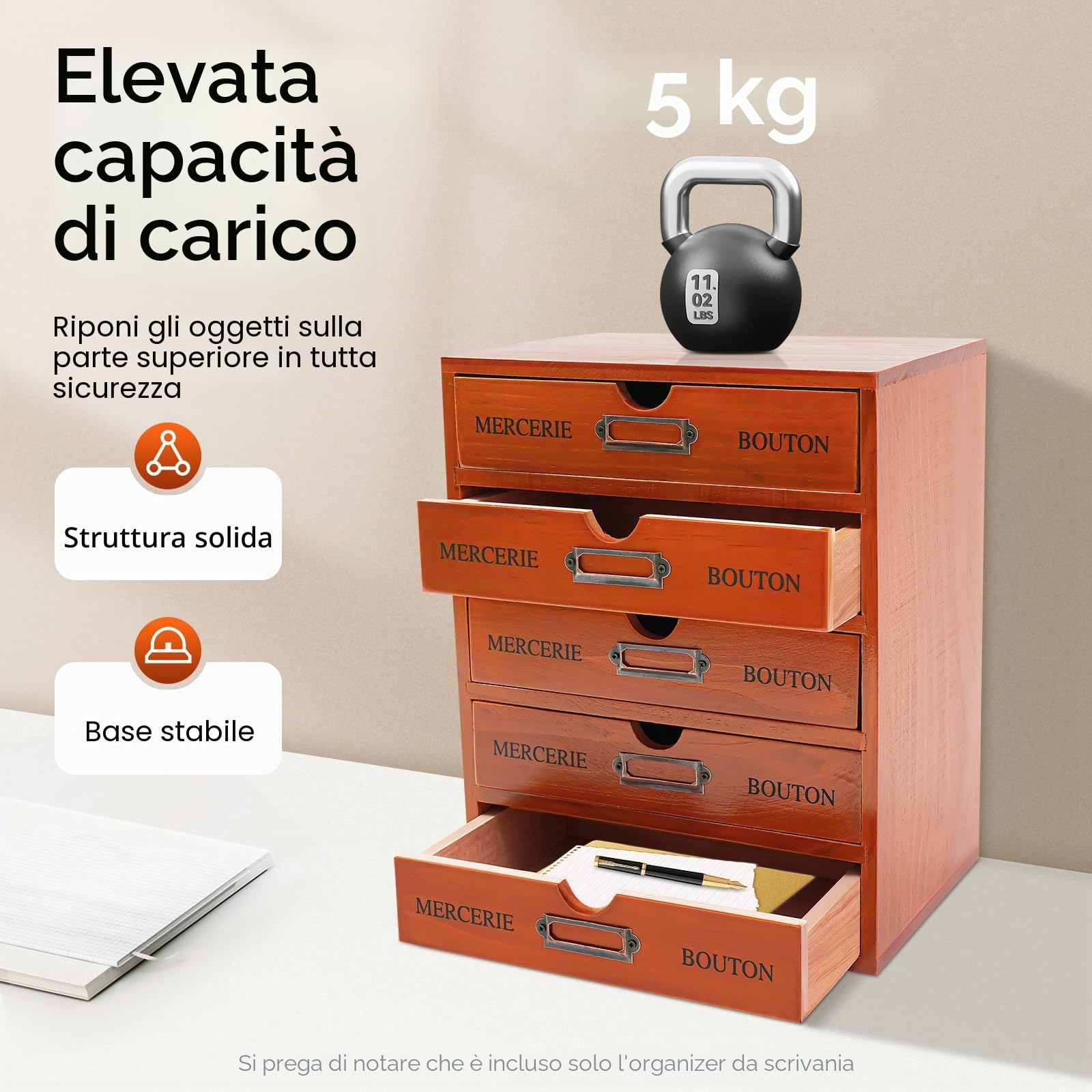 5 cassetti torre portaoggetti, organizer da scrivania in legno, organizer per ufficio con cassetti, portaoggetti per ufficio e casa, organizer in legno con 5 livelli, per ufficio, camera da letto e