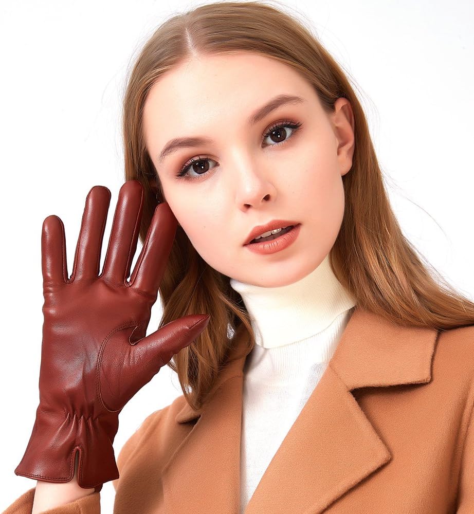 ZLUXURQ Luxury Italian Soft Leather Gloves for Women in Red-brown - Genuine SheepSkin Leather Women’s Cold Weather Gloves Cashmere Lined