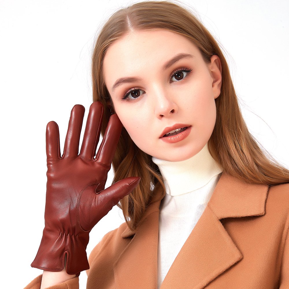ZLUXURQ Luxury Italian Soft Leather Gloves for Women in Red-brown - Genuine SheepSkin Leather Women’s Cold Weather Gloves Cashmere Lined