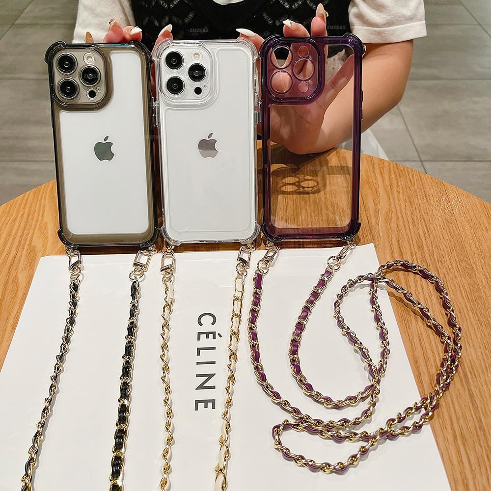 Odporny na wstrząsy silikonowy zderzak do iPhone'a 15 14 13 12 11 Pro Max X XR XS 7 8 Plus Crossbody smycz skórzany łańcuch, fioletowy, do 13Promax