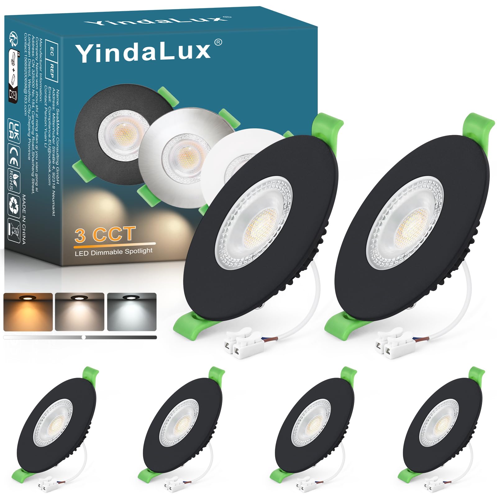 YindaLux Recessed LED Spotlight 230V Dimmable 7W 700LM – Black Ceiling Spot, 60-75mm Hole Size, IP65 Bathroom Recessed Lighting – Warm 2700K | Neutral 4000K | Cool 6000K (6-Piece Set)