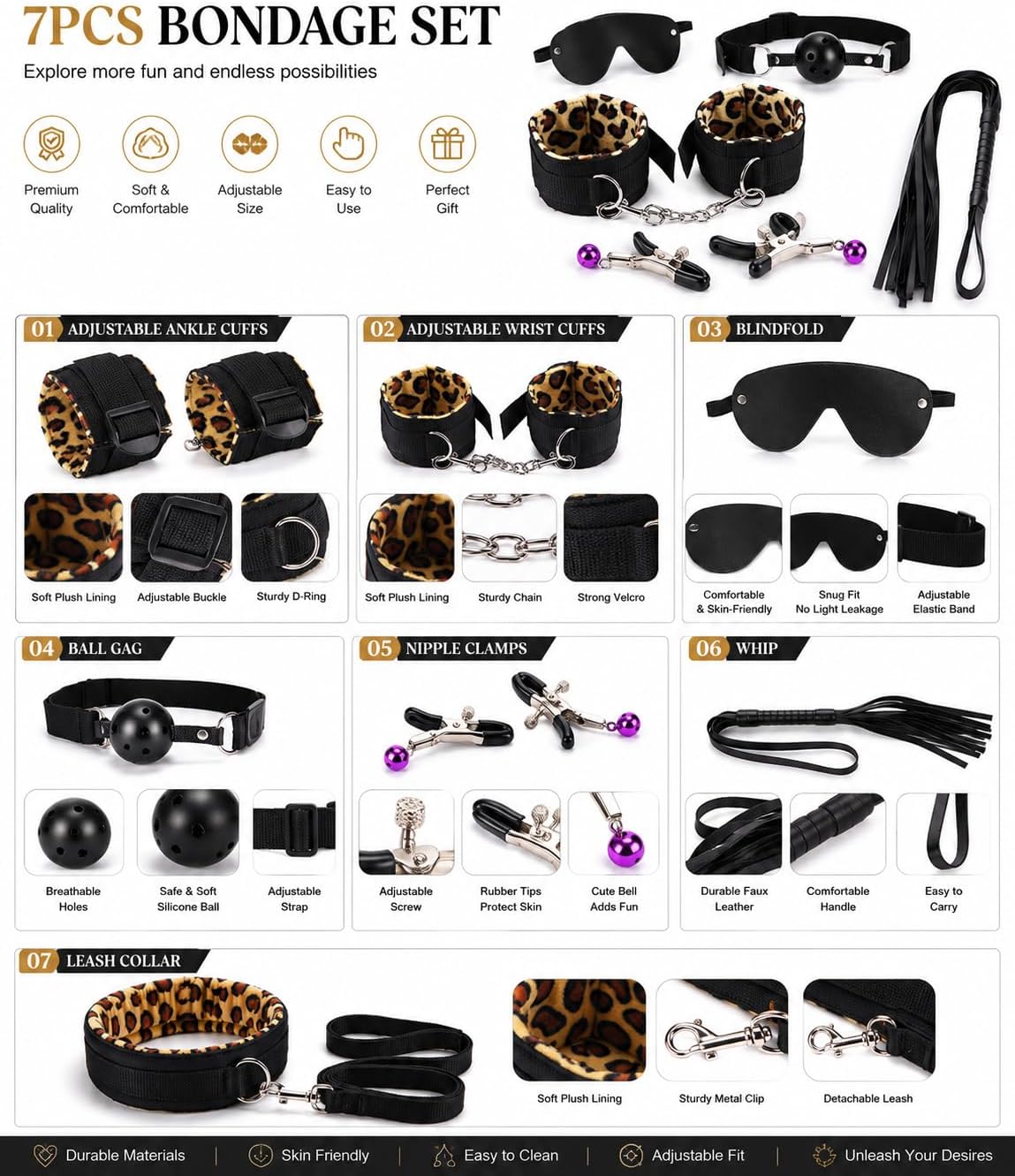 BDSM Bondage Kit for Couples, Beginner Restraint Set with Vibrator, Anal Plugs, Handcuffs, Blindfold and Adjustable