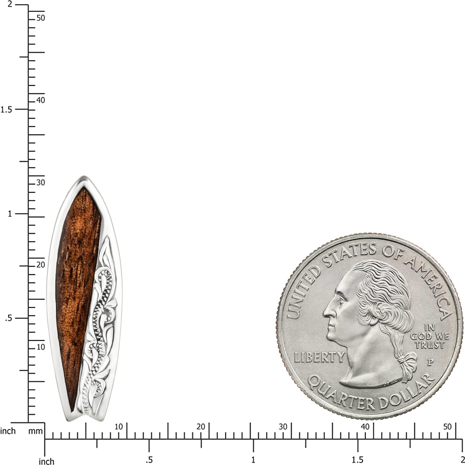 925 Sterling Silver Natural Koa Wood Hawaiian Surfboard Necklace Pendant, Nickel Free Hypoallergenic for Sensitive Skin, Heirloom Scroll Hibiscus Flower Wave, with 18" Box Chain