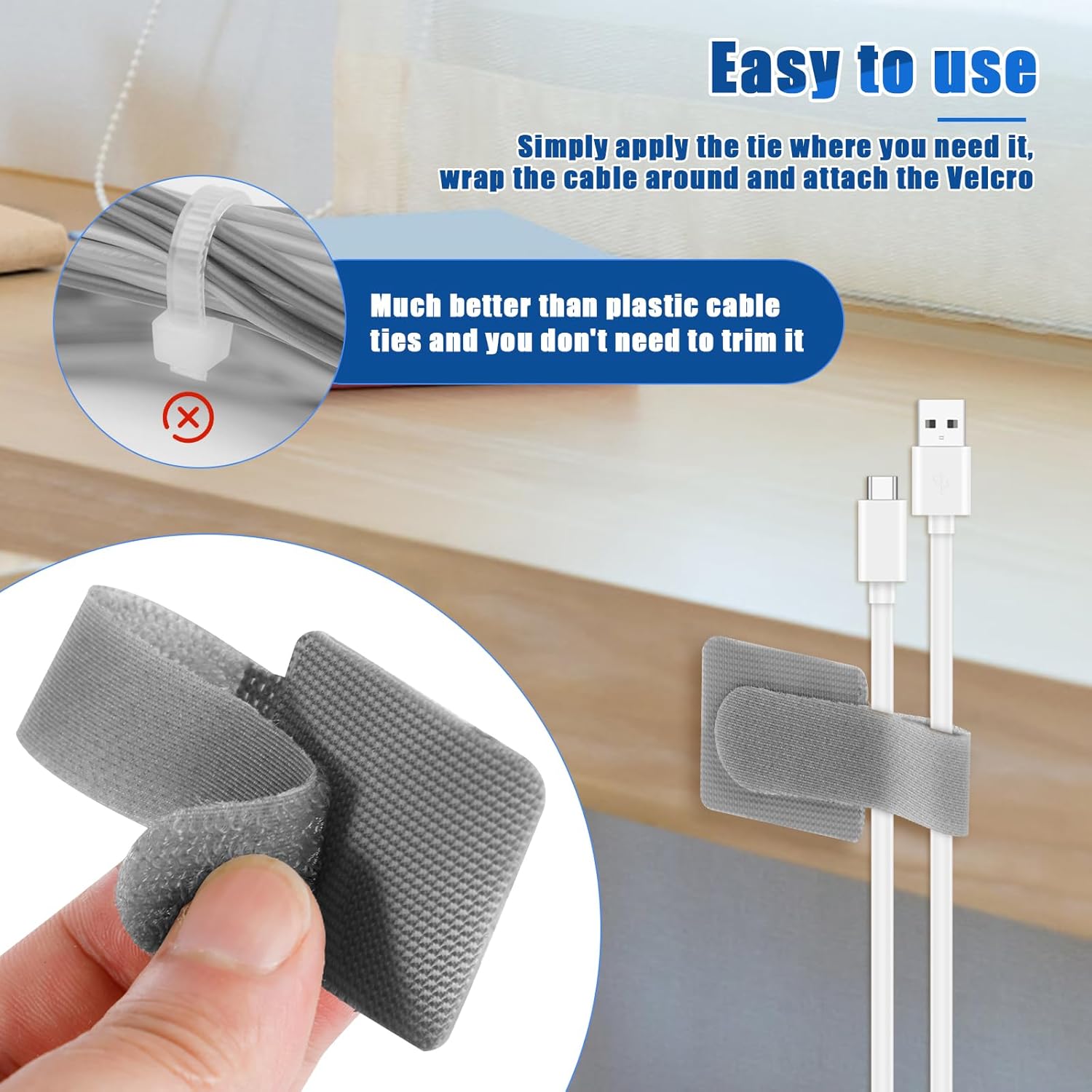 50Pcs Hook and Loop Cable Straps Self Adhesive Hook and Loop Cable Ties Reusable Cord Organizer Polyester Cable Holder Multipurpose Cable Clip for Travel Office Home,Grey