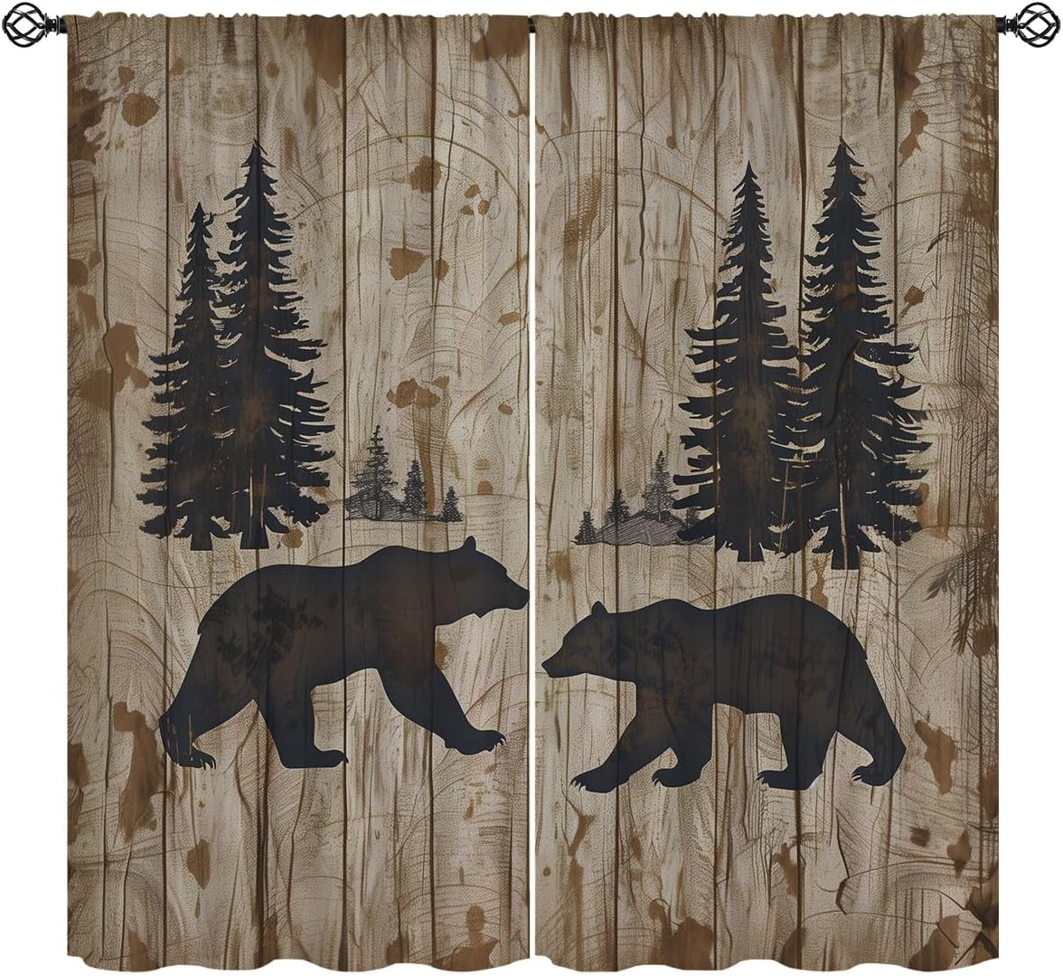Rustic Cabin Blackout Curtains for Girls Boy Home Decor, Vintage Lodge Bear Moose Deer Country Rod Pocket Thermal Insulated Drapes Darkening Window Curtain for Bedroom Living Room, 42 x 45 Inch