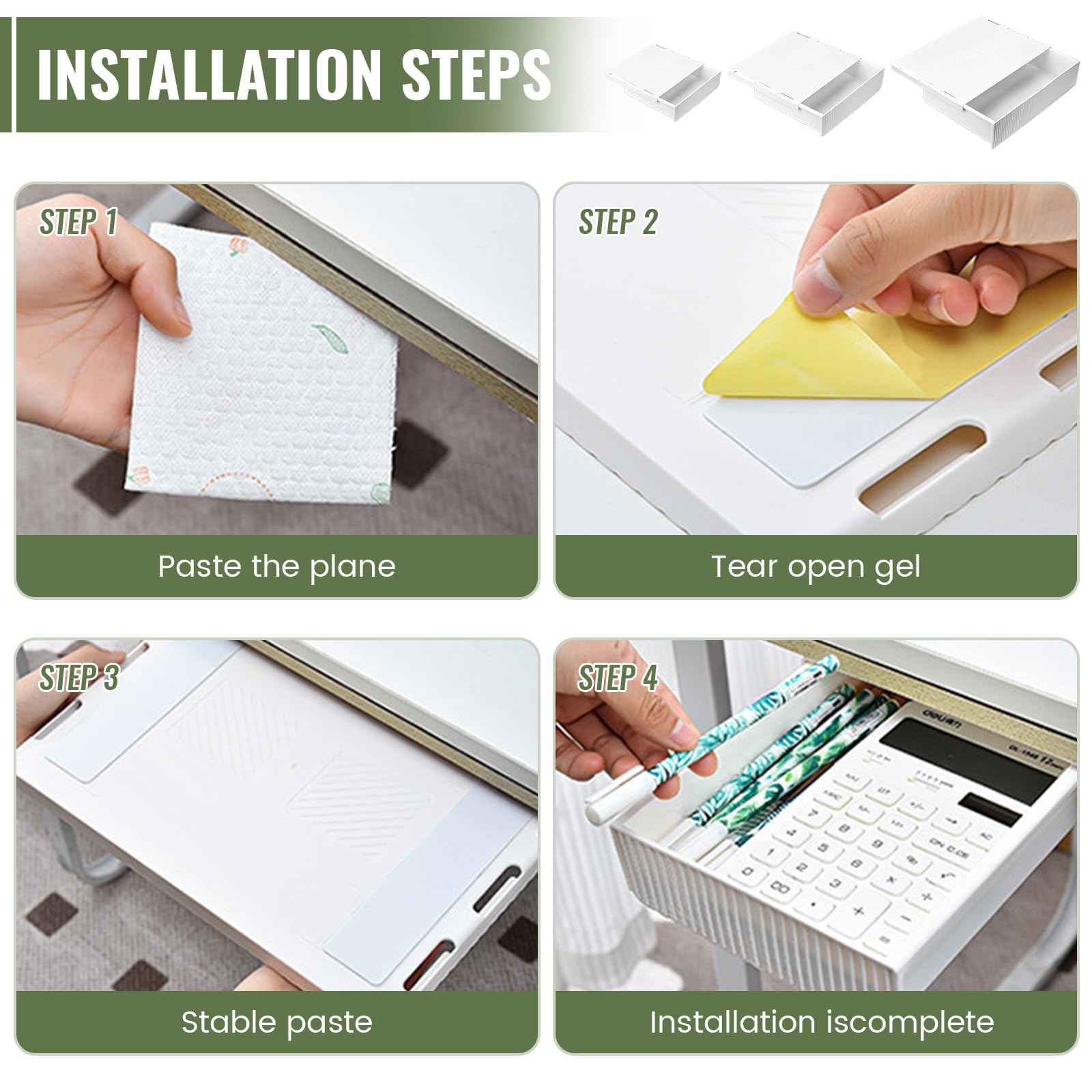 Cajón Debajo del Escritorio, Cajón Oculto Autoadhesivo,Organizador para Cajón Debajo del Escritorio,Cajon Escritorio Bajo Mesa,Adecuado para escuelas, cocinas, hogares y oficinas(3pcs)