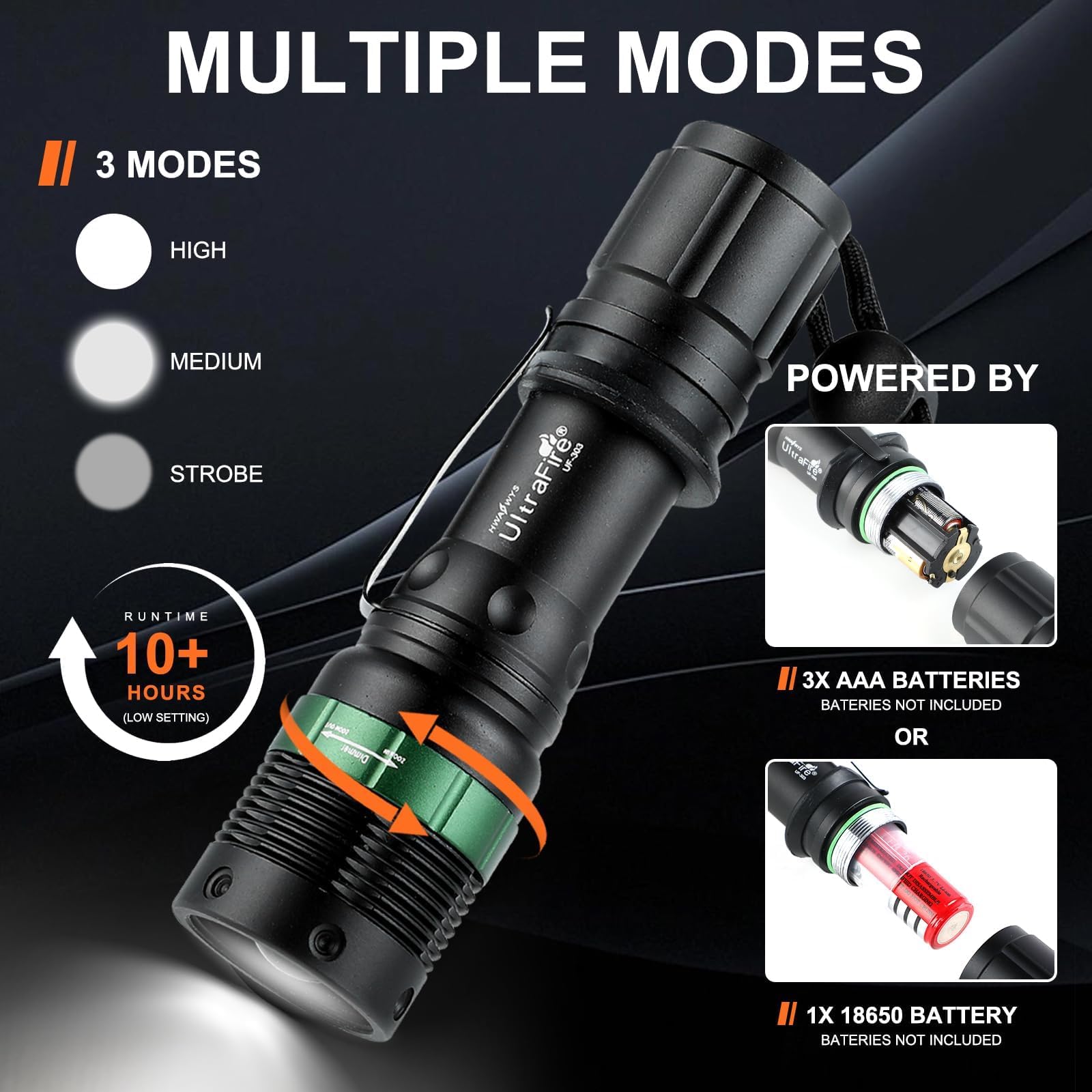 ULTRAFIRE Confezione da 2 torce a LED da 11 pollici, 3 modalità, torcia tattica, 250 lumen, asta di sicurezza per il controllo del traffico, aeroporto, guida auto, UF-303