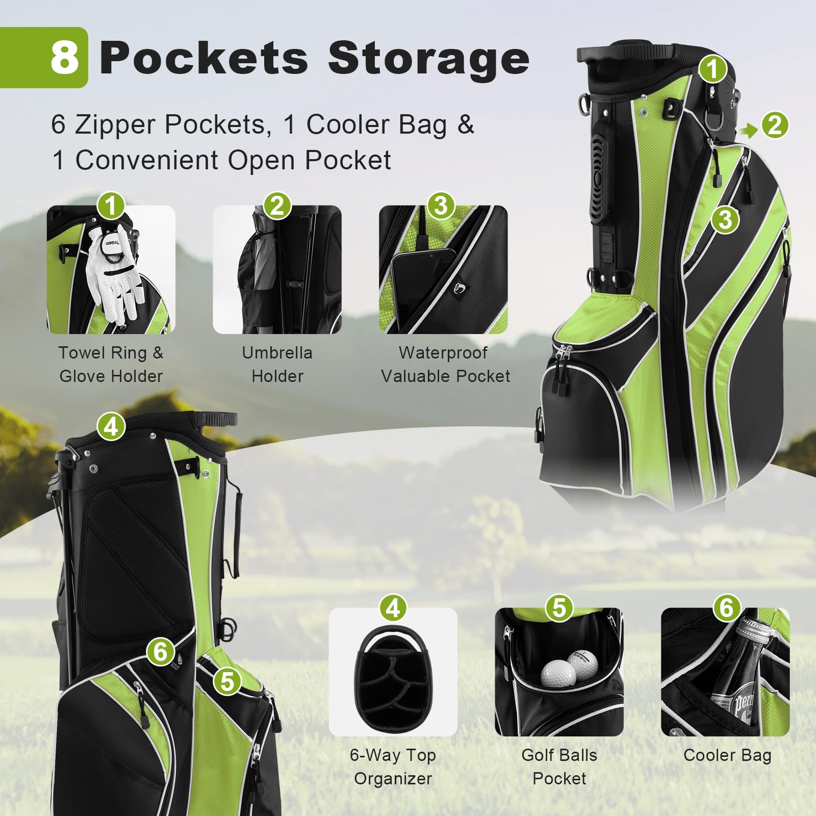 KOTEK Golf Stand Bag, 6 Way Top Divider Golf Bag with Stand, 8 Pockets, Rain Hood & Dual Shoulder Straps, Lightweight Golf Club Bag for Driving Range, Par 3 and Executive Courses (Green)