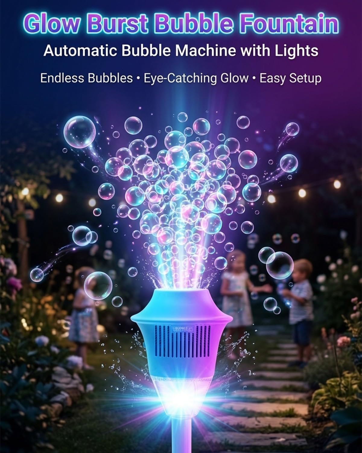Splashy Surprise Bubble Machin, Automatic Glow Burst Bubbles Fountain, Rechargeable Garden Standing Torch Maker Stand with Lights Music Summer Outdoor Backyard Parties Birthday Wedding(Pink) — view 2