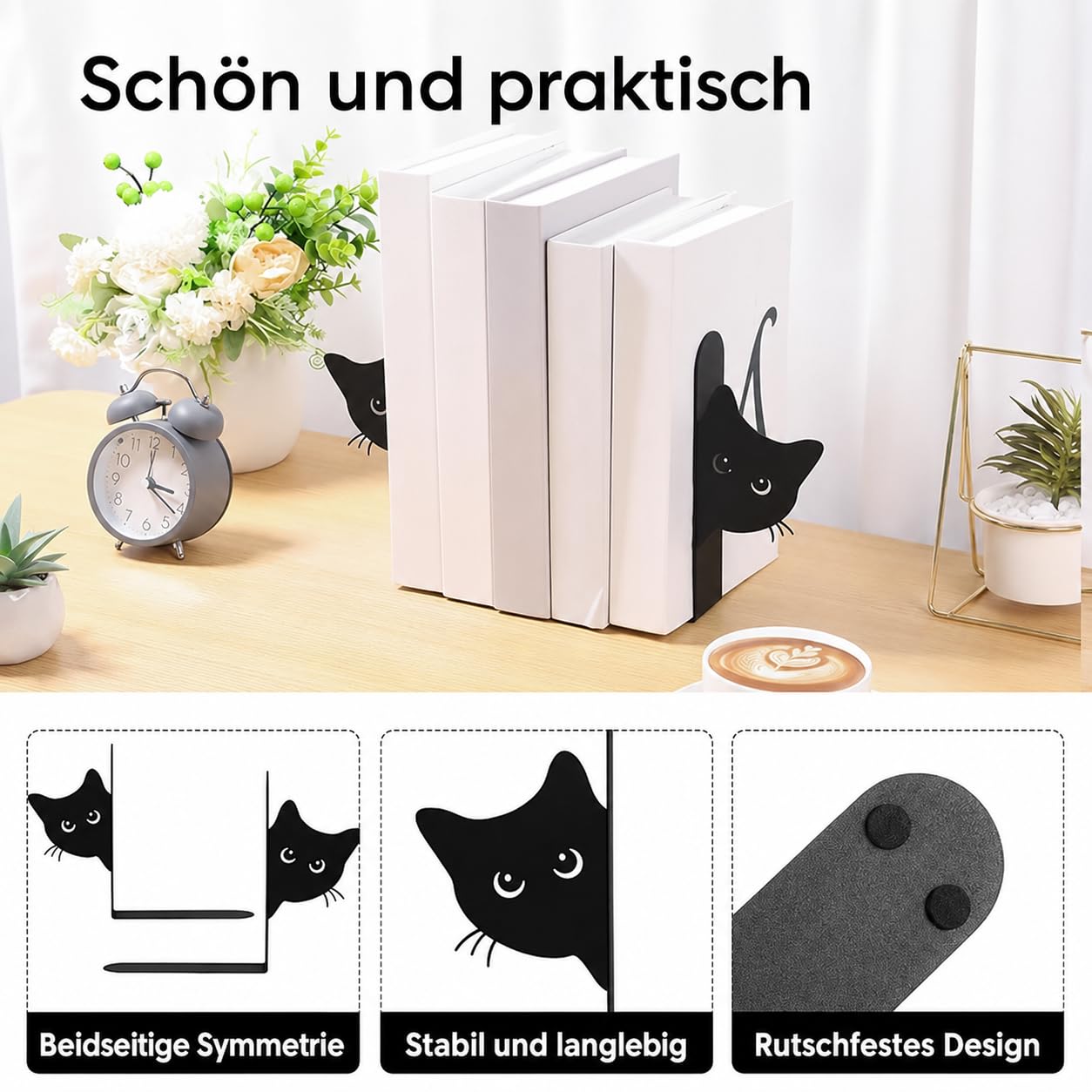 Serre-livres en métal, 2 pièces Créativité Chat Support de livres 15×4×18 cm (Largeur de la tête de chat 8,3 cm) Support de livres en métal pour l'école, le bureau et la maison, Noir (Visage