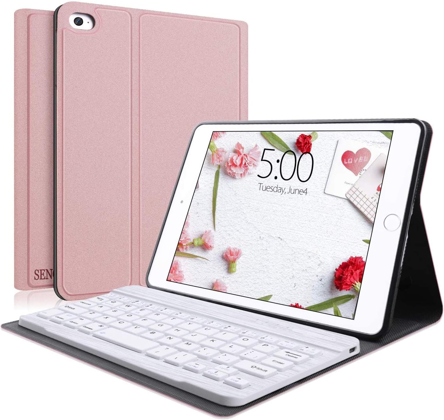 SENGBIRCH Smart Keyboard Compatible with iPad mini 5th 2019 - iPad mini 4 - Mini 3 - Mini 2 & 1, Removable Wireless Connect Cute Keyboard, Soft Rubber Case, Rose Gold