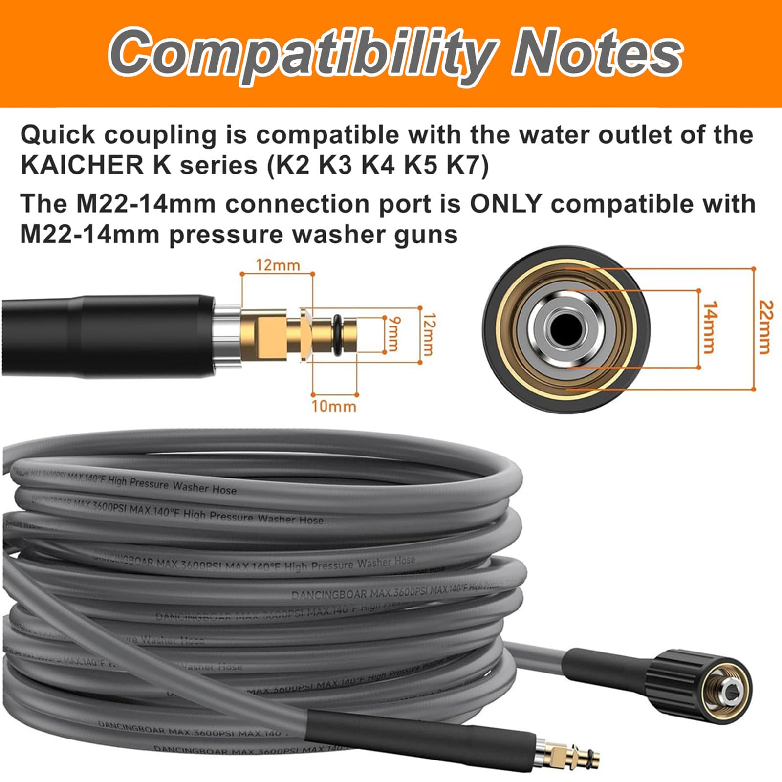 10m Manguera de Repuesto para Hidrolimpiadora 3600PSI Súper Flexible Tipo de clic y M22-14mm Conector Manguera de Extensión Manguera