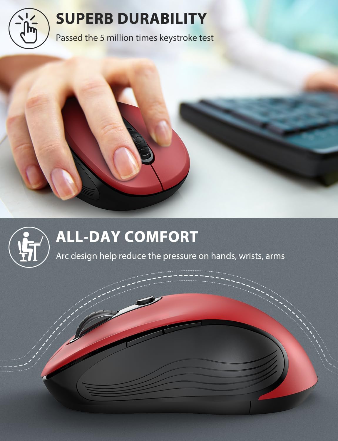 Trueque Bezprzewodowa mysz do laptopa, ergonomiczna mysz komputerowa 2,4 GHz z przyciskami do tyłu i do przodu, 3 regulowane poziomy DPI, 6 przycisków, optyczne myszy bezprzewodowe USB do komputera z