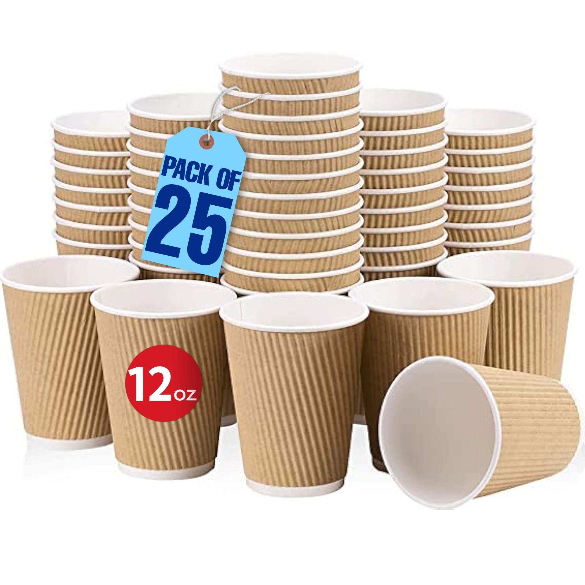 MARKQ 12 oz. Brown Disposable Ripple Insulated Coffee Cups - Hot Beverage Corrugated Paper Cups [25 Cups]