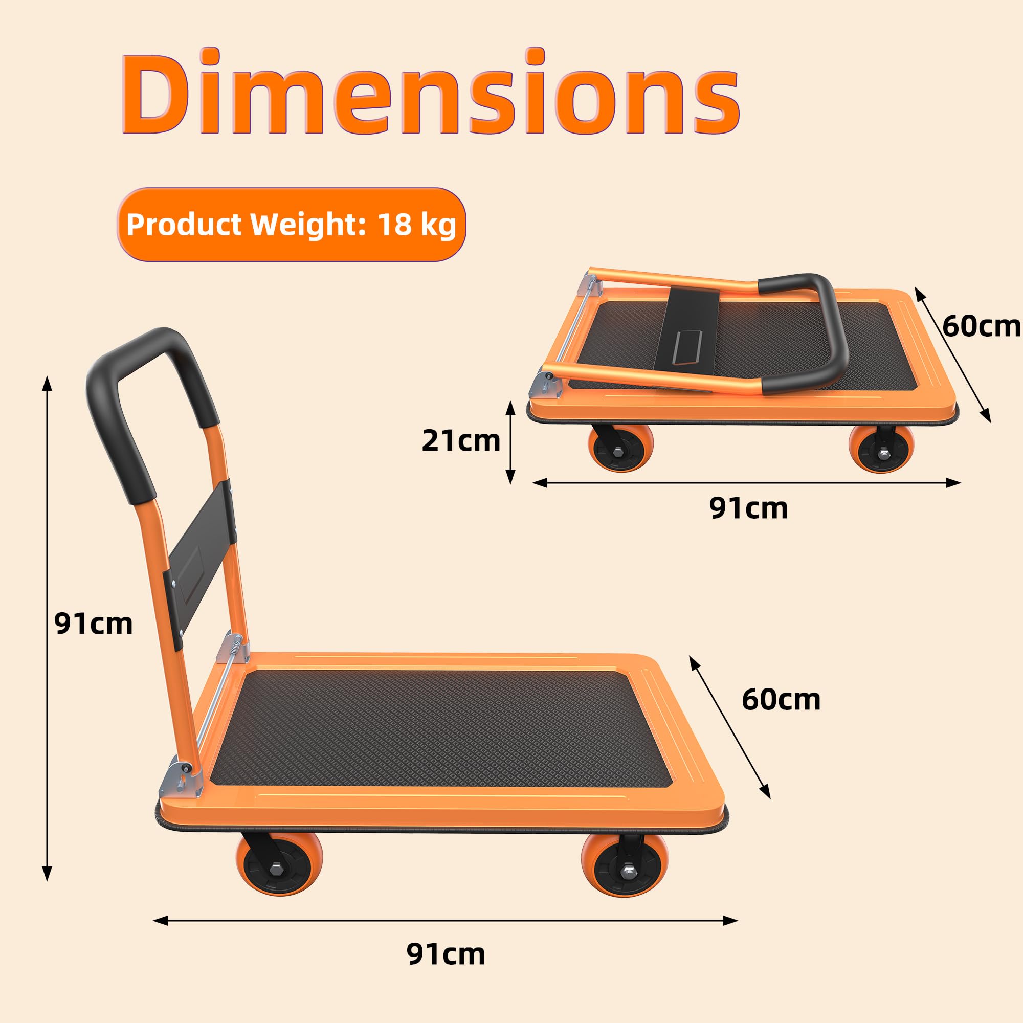 Wytrzymały składany wózek na kółkach, pojemność 500 kg, z kółkami TPR 13 cm, idealny do magazynu i użytku domowego, duża platforma 91 x 60 cm dla łatwego transportu