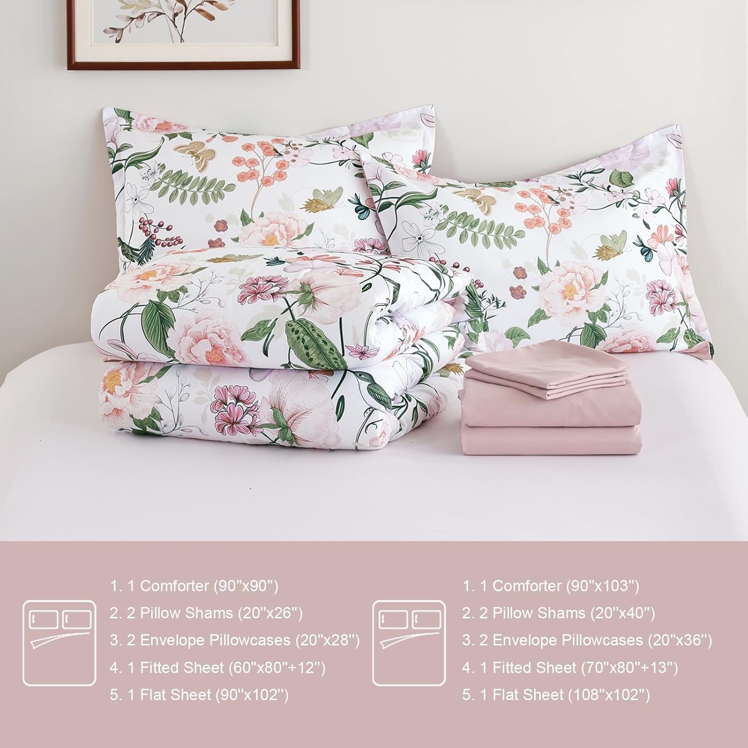 Anibedding 7Pieces Floral King Size Comforter Set, Garden Plant Style Bed in a Bag Pink Flower Bedding Comforter Set with Pillow Case for Bedroom - Image 7