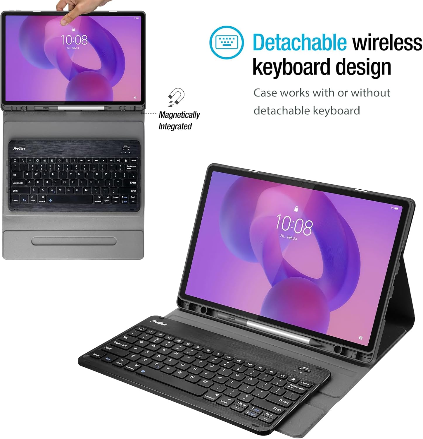ProCase Case with Keyboard for Lenovo Idea Tab Pro 12.7" 2025 with Pen Holder, PU Leather Case with Magnetically Detachable Wireless Keyboard for 12.7" Lenovo Tab Pro 2025 Release -Black
