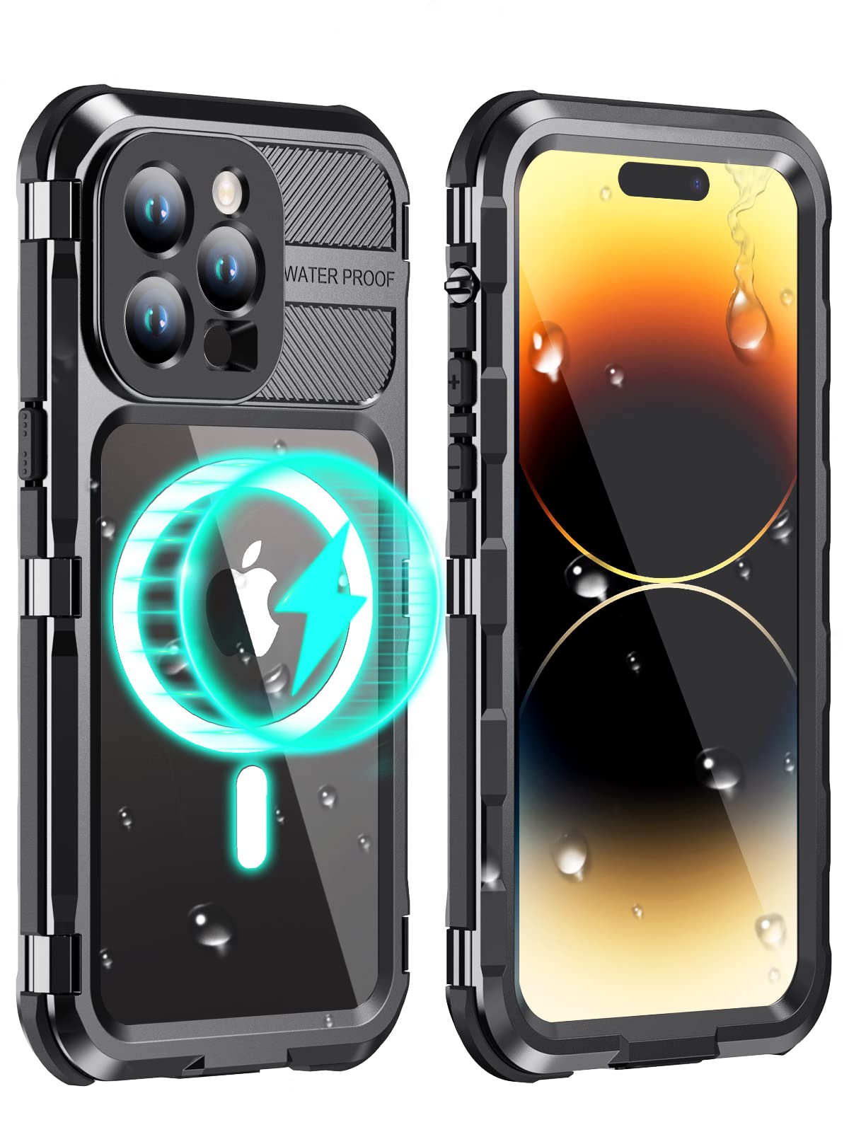 WIFORT for iPhone 14 Pro Waterproof Case - Metal Heavy Duty Full Body Protective Cover Built-in Screen Protector, IP68 Water Proof Military Grade Shockproof Rugged Drop Defender Phone case 6.1" Black