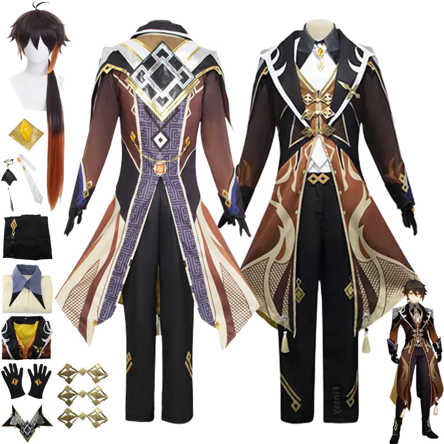 RUIZE Men Game Genshin Impact Zhongli Cosplay Costume Outfit with Wig,Game Role Play Uniform Dress Full Set Halloween Party Anime Dress Up Suit