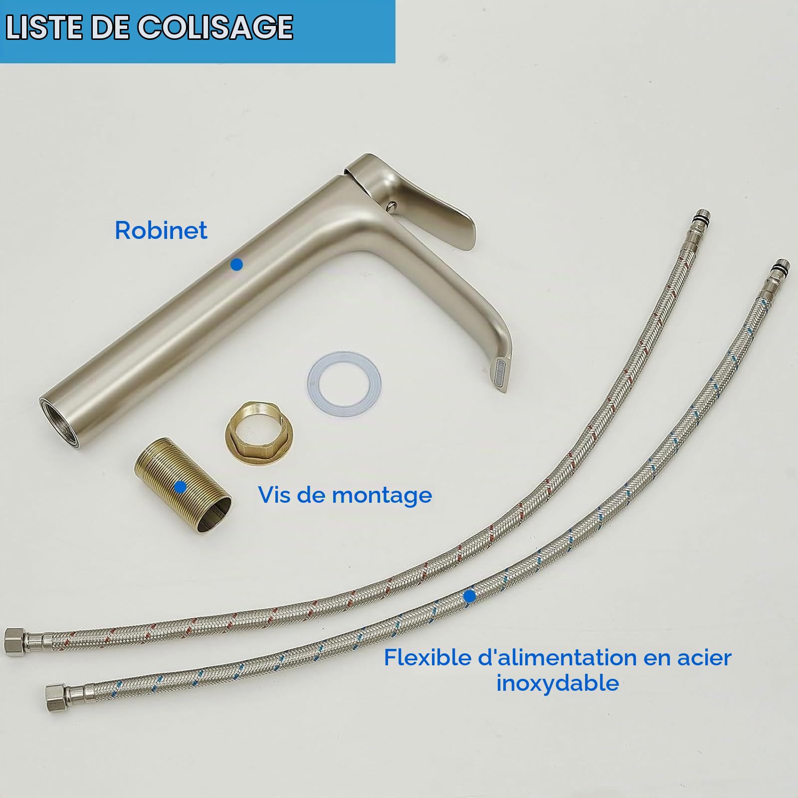 Robinet de salle de bain cascade - Robinet de salle de bain haut - Mitigeur monocommande - Argent (nickel brossé)