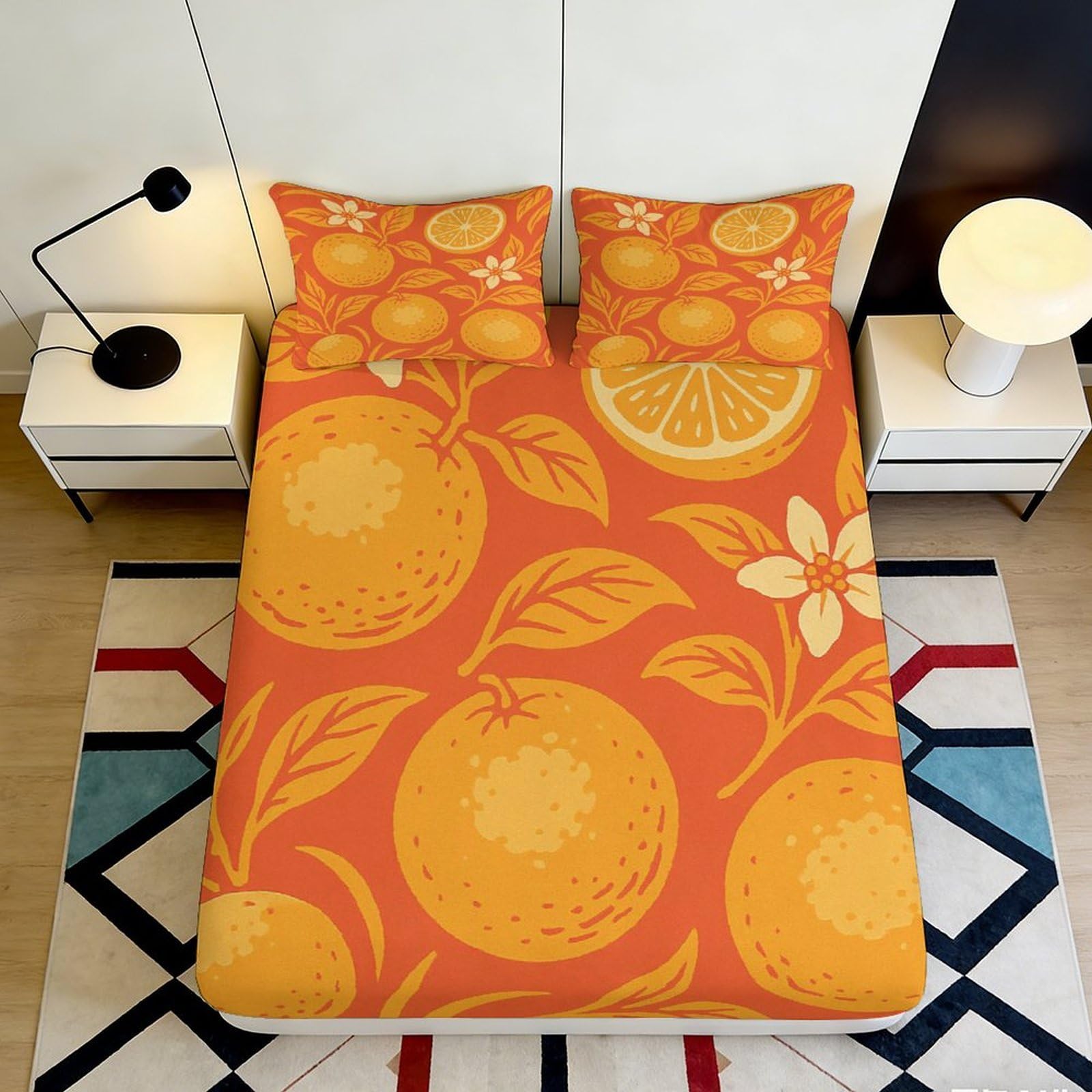 3D Printed Orange Fruit Fitted Sheet Microfiber Soft Anti-Slip Citrus Flower Mattress Cover for Bedroom Guest Room Decor 90x200x25cm